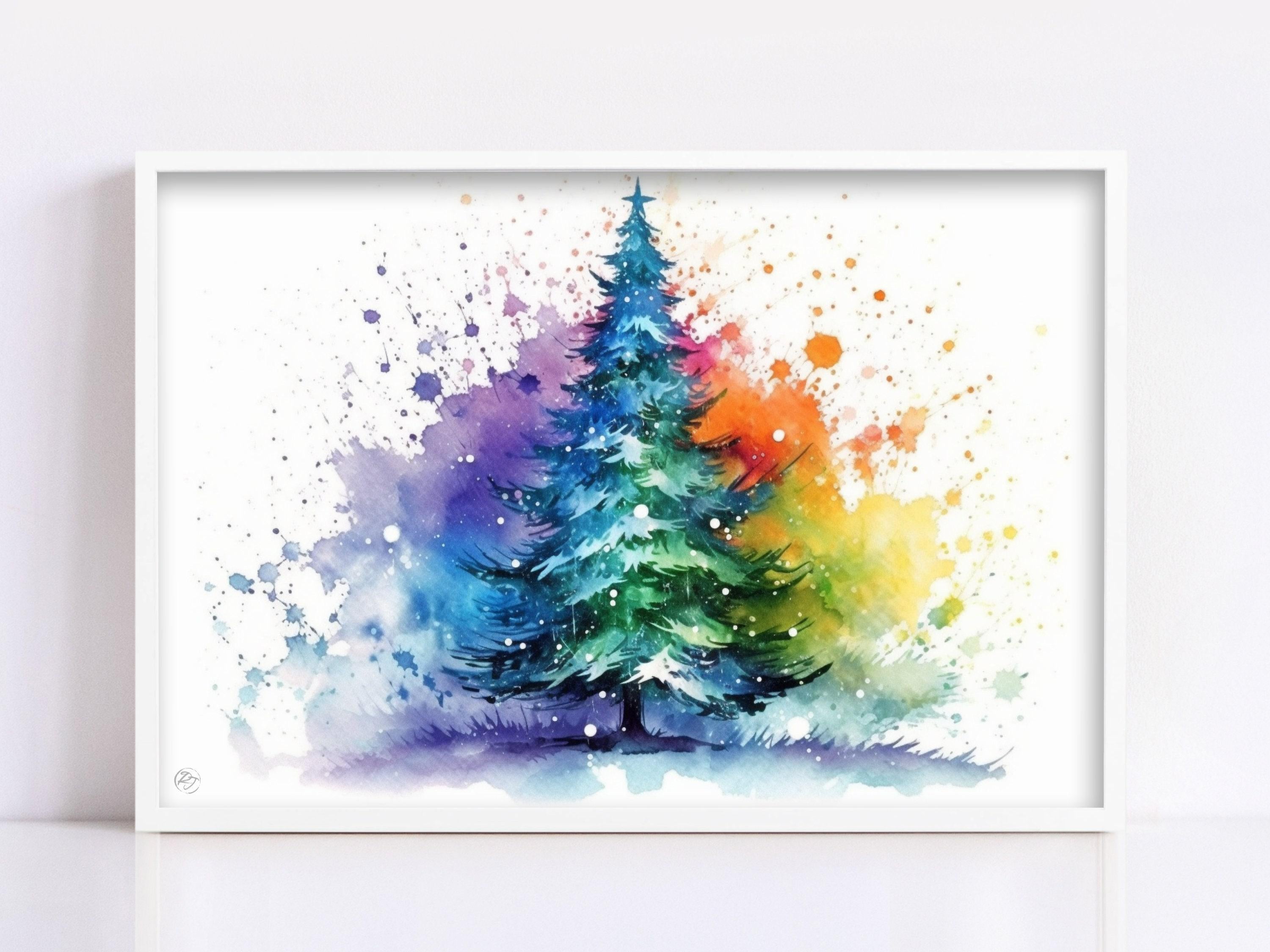 Christmas Tree Colorful Watercolor - Holiday Wall Decor, Print on Canvas, Artist Paper, Watercolor Paper, Available in Extra Large Sizes