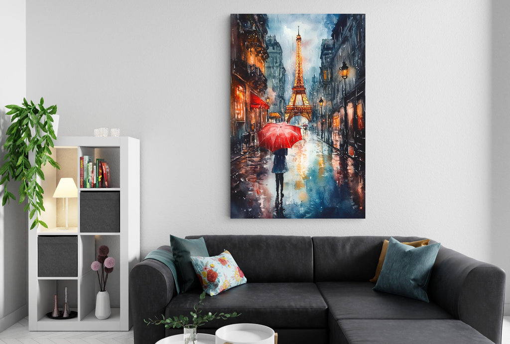 a cozy living room with a black sectional sofa, a bookshelf, and a large painting of a rainy street scene with the Eiffel Tower in the background.