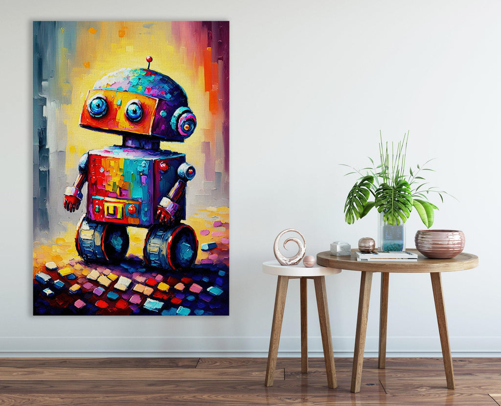 Kids Robot Wall Art - Colorful Robot Art Print on Lightweight Stretched Canvas