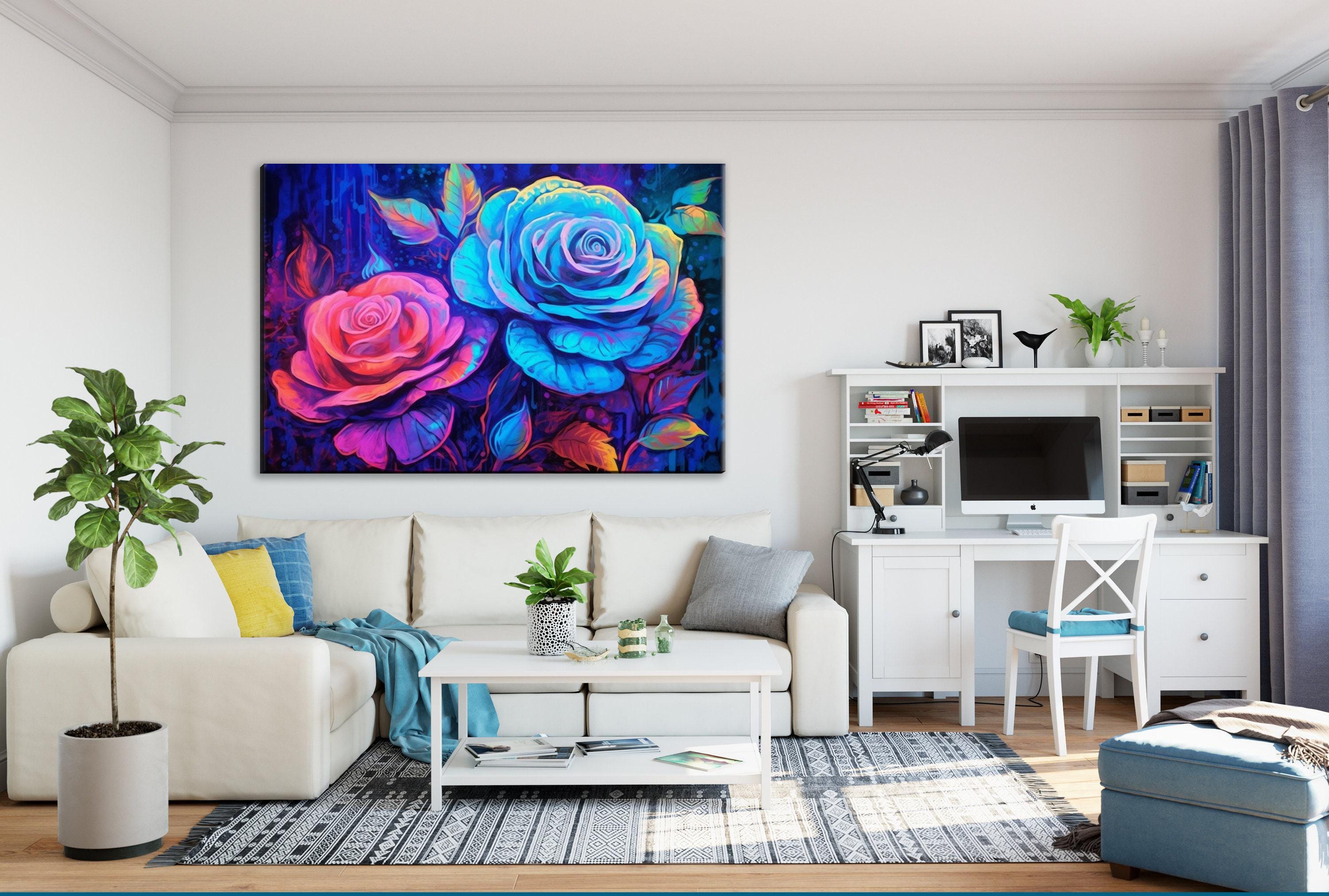 Neon Oil Painting - Large Canvas Wall Art | Colorful Roses Art, Blacklight Style