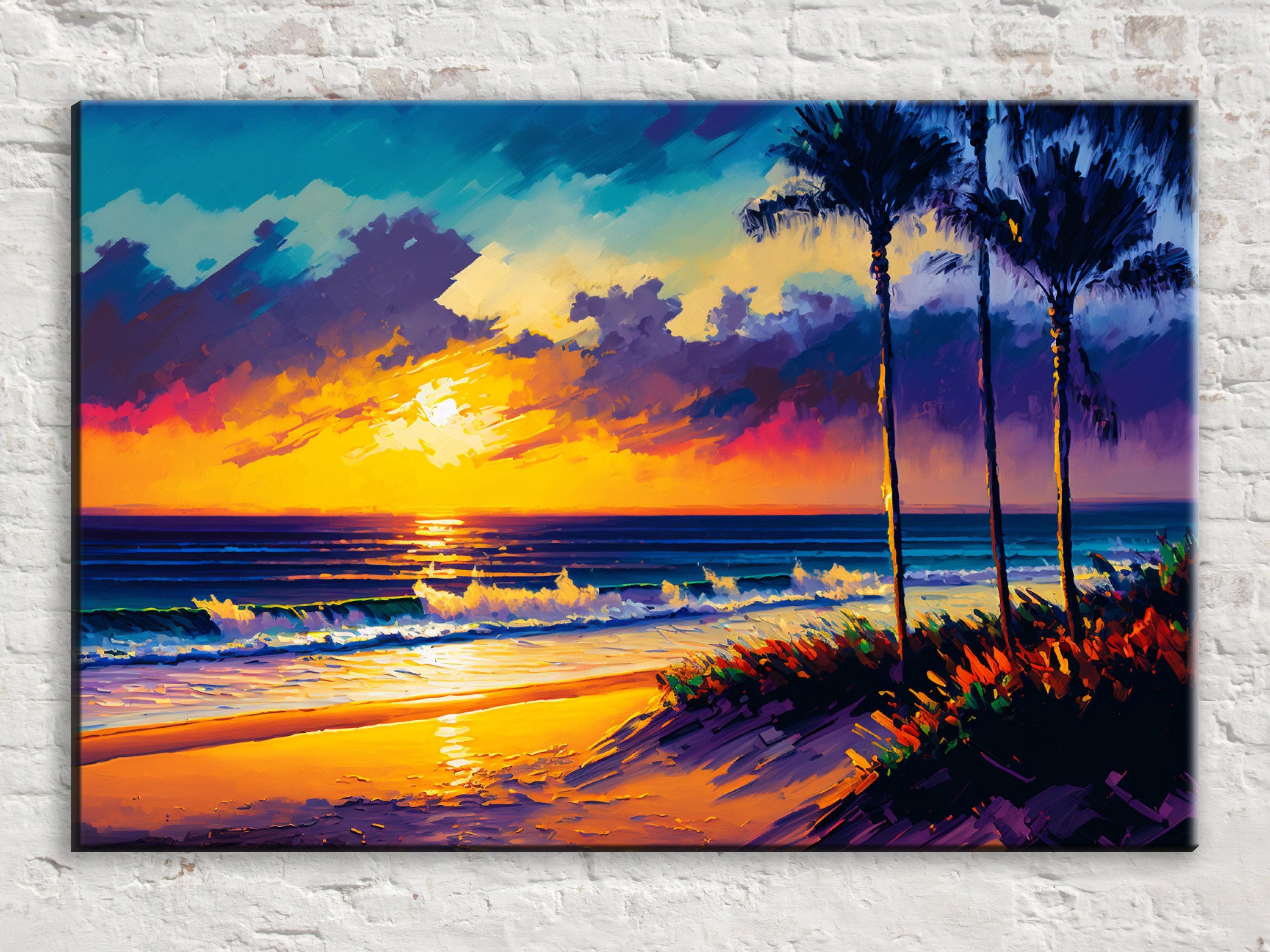 Coastal Beach Canvas - Large Canvas Art With Vibrant Ocean Sunset Painting
