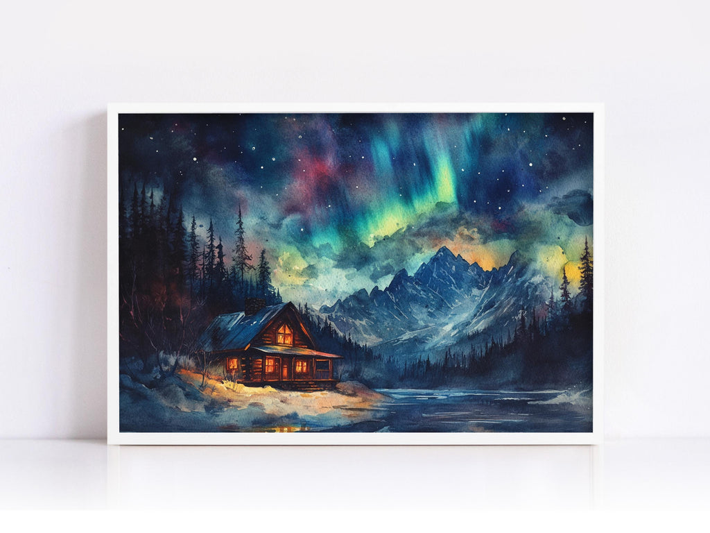 a serene winter landscape with a cabin nestled in the mountains, surrounded by a snowy forest and a tranquil lake. The cabin is illuminated by warm lighting, creating a cozy atmosphere. The night sky is filled with vibrant colors and patterns, including the Aurora Borealis, or Northern Lights, which adds a magical touch to the scene.