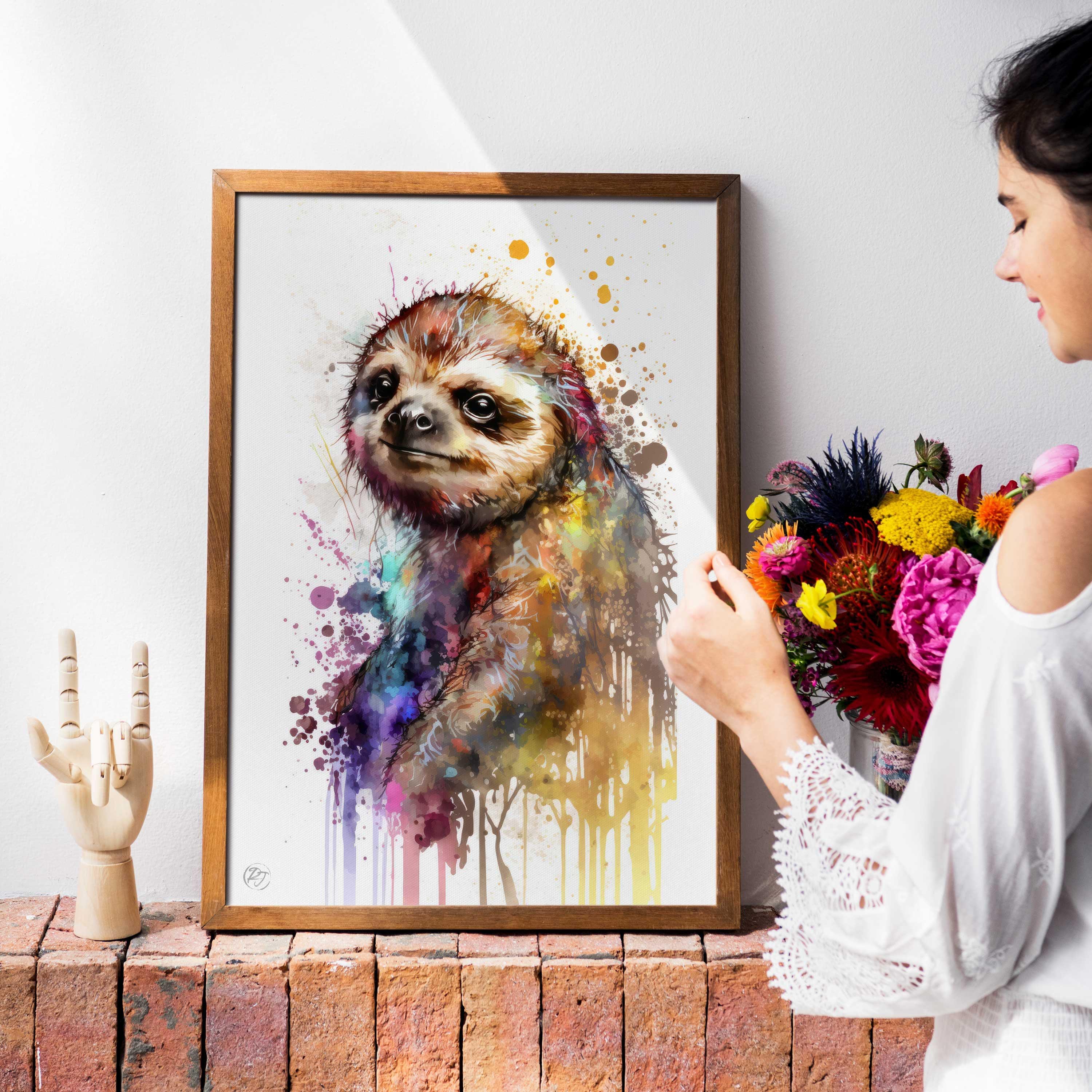 Sloth Watercolor Art Print, Nursery Animal Canvas Print, Cute Decor, Framed Kids Wall Art