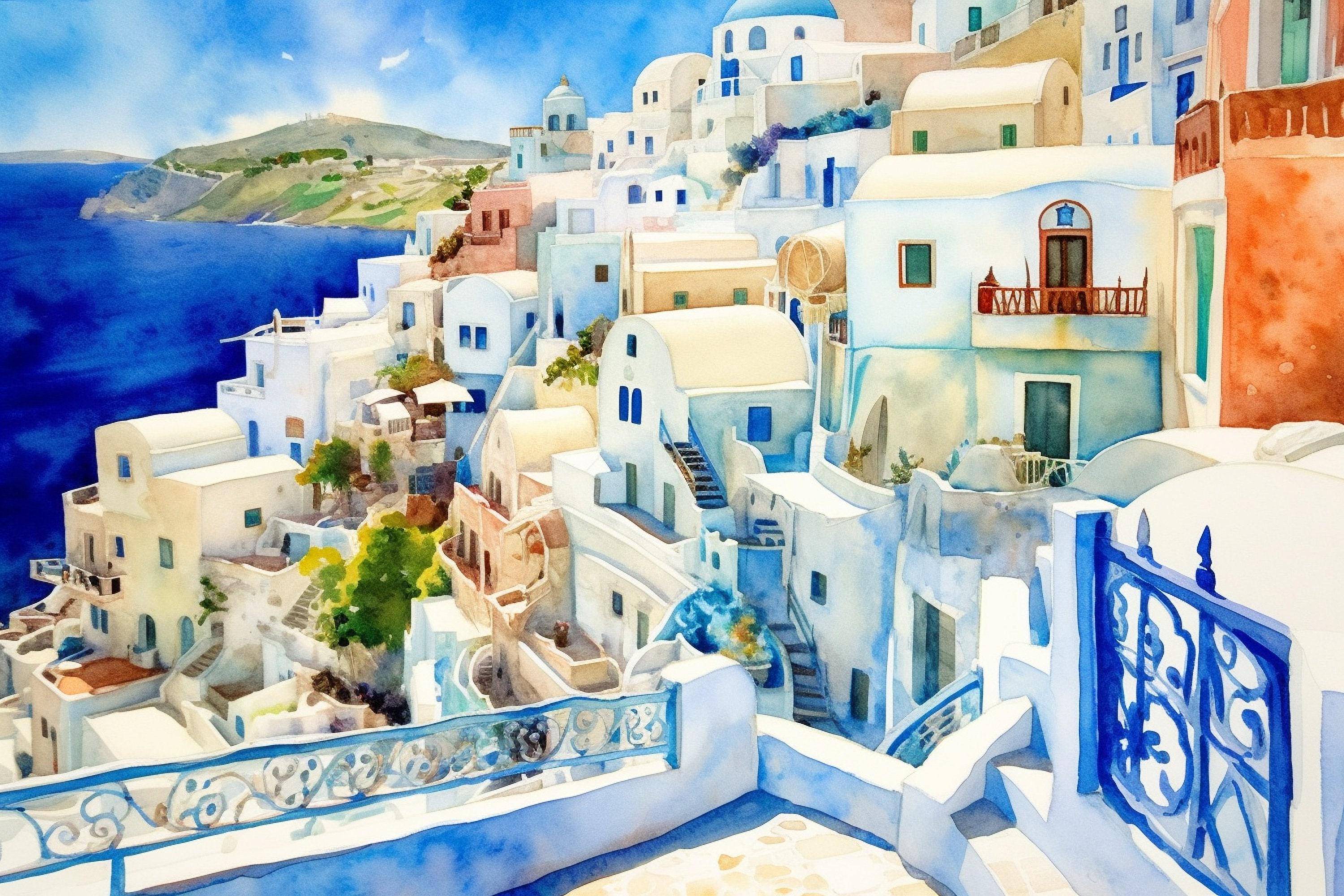Santorini Village Watercolor, Coastal Greece Art, Giclee Print on Canvas, Artist Paper, Watercolor Paper, Available in Extra Large Sizes