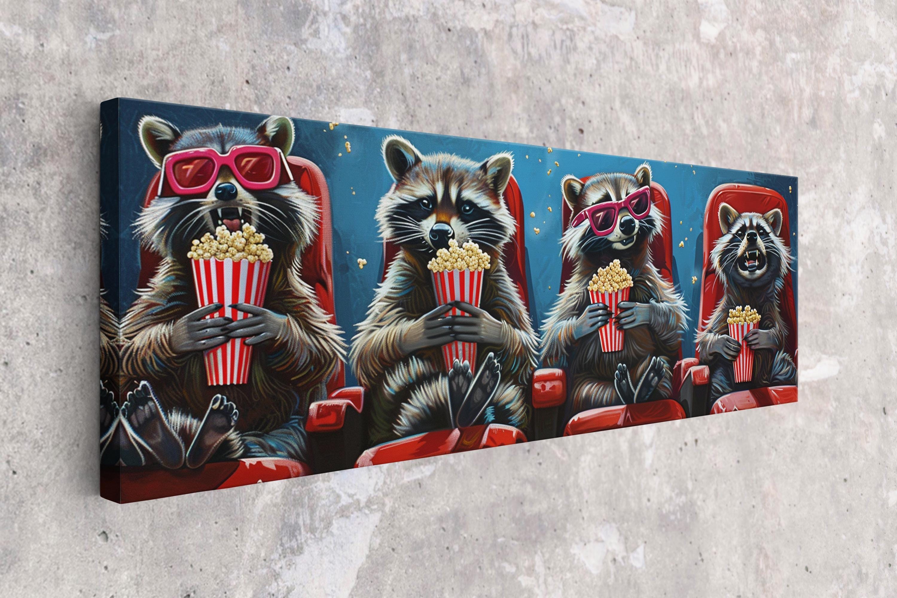 Panoramic Wall Art - Funny Raccoons Movie Theater Decor | Extra Large Canvas Ready to Hang