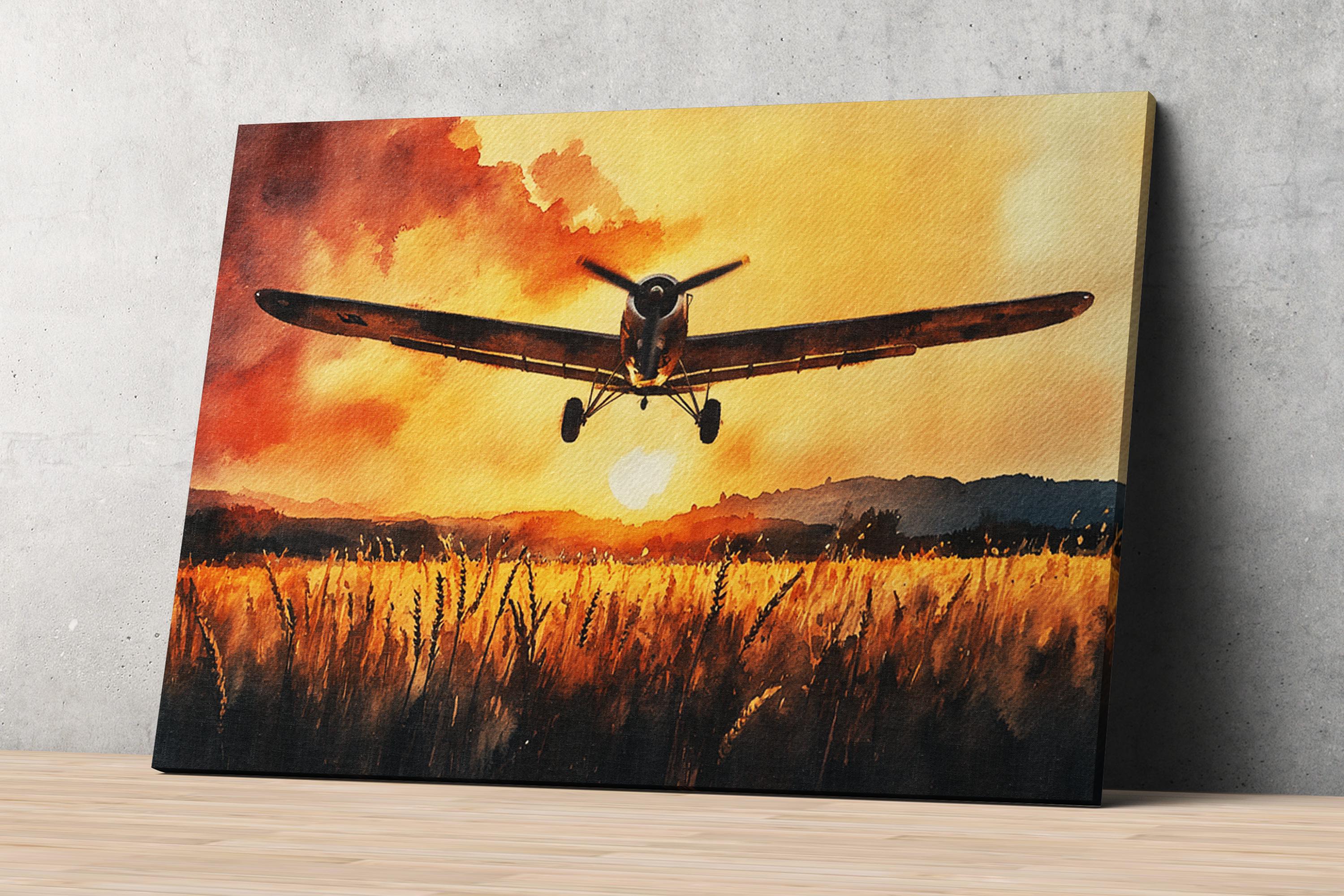 a vintage propeller plane flying over a field of tall grass at sunset, with a warm, golden glow illuminating the landscape.