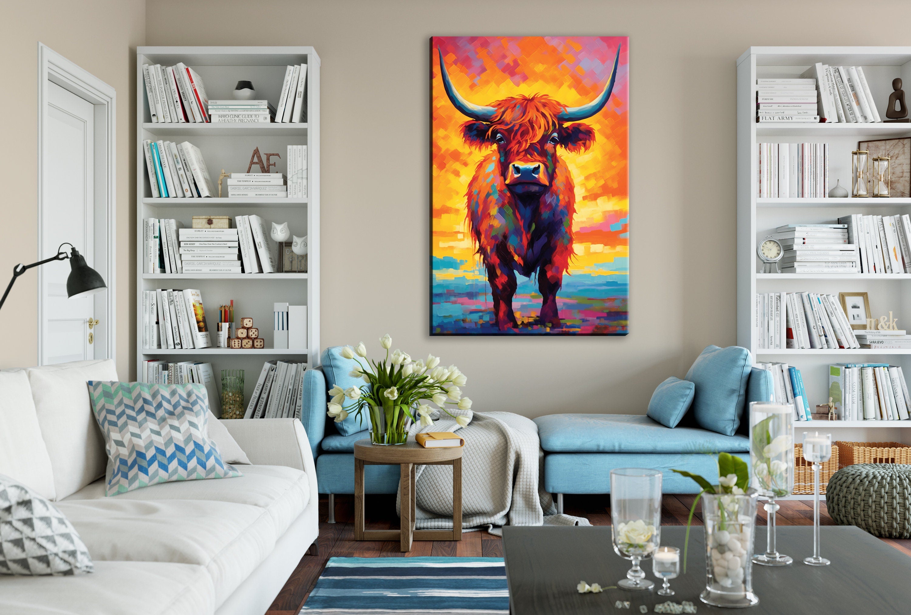 Highland Cow Canvas – Large Farmhouse Wall Art | Rustic Scottish Decor