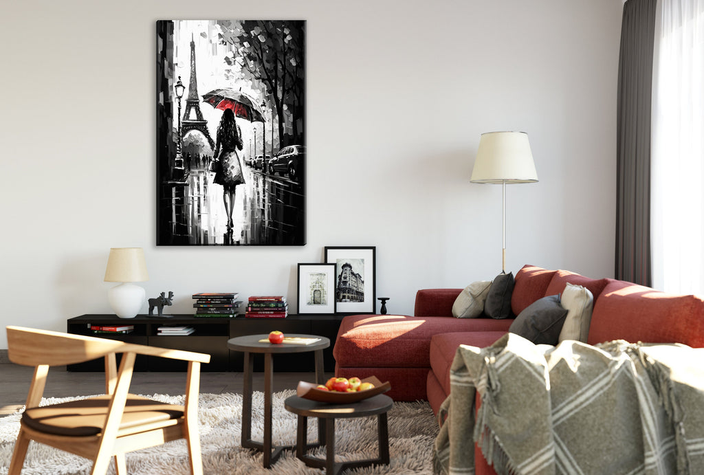 Parisian Canvas Art – Black and White Art with Red Umbrella | Large Gallery Ready Canvas Print