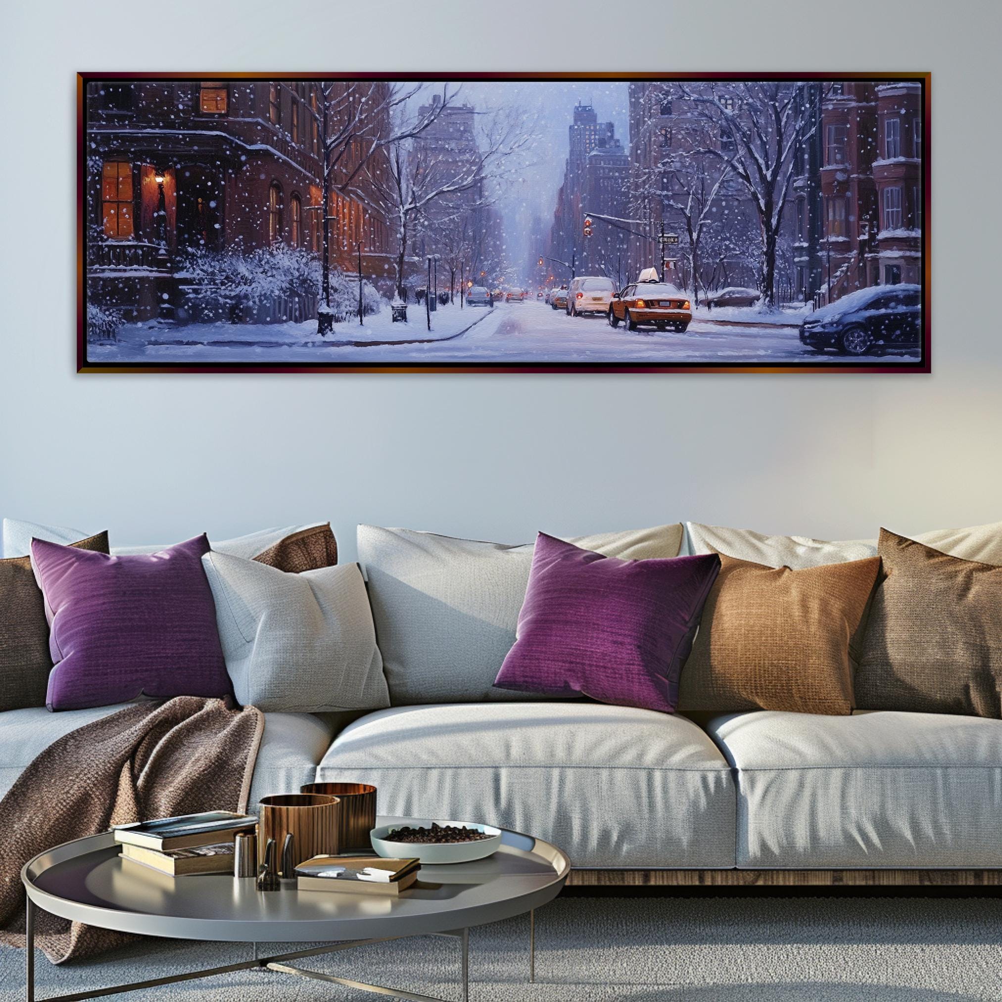 a living room filled with furniture and a painting on the wall