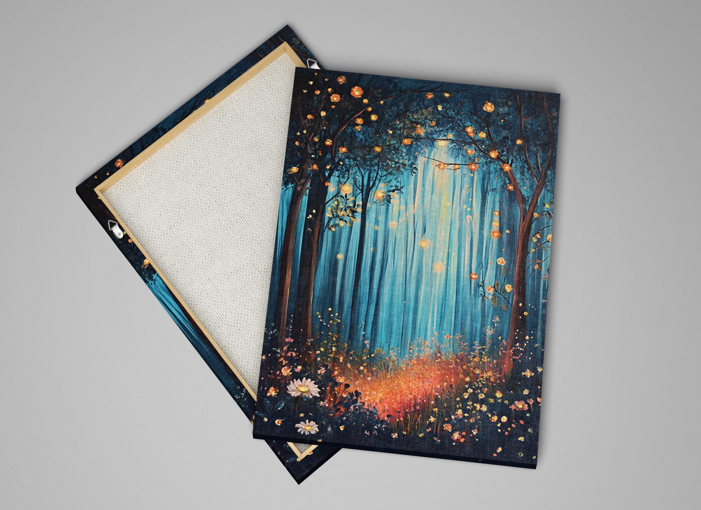 a painting of a forest with trees and flowers
