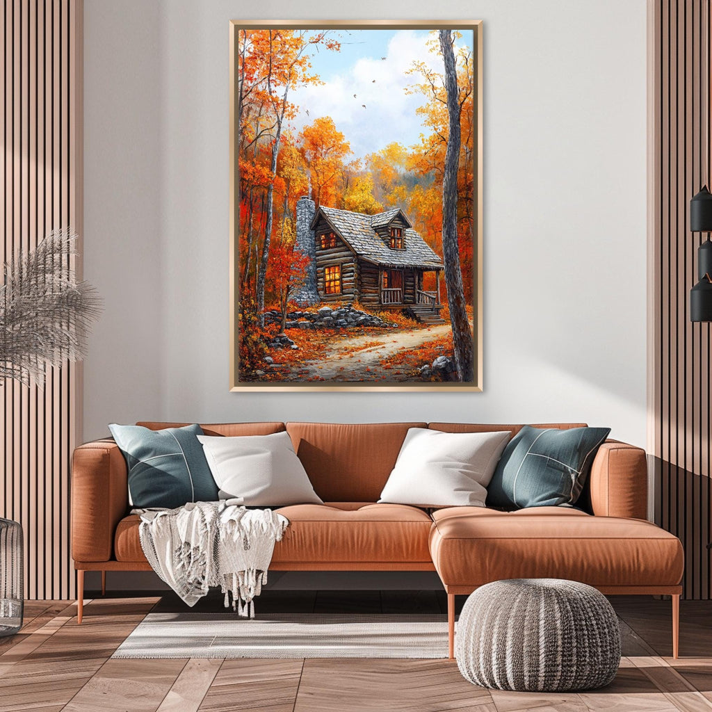 a cozy living room with a large painting of a cabin in the woods hanging on the wall above a brown sofa with pillows.