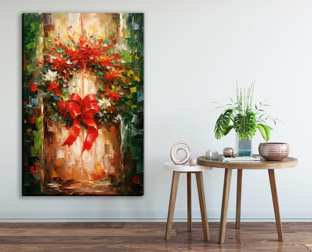 Christmas Wreath Art – Rustic Traditional Holiday Wall Decor on Gallery Wrapped Canvas
