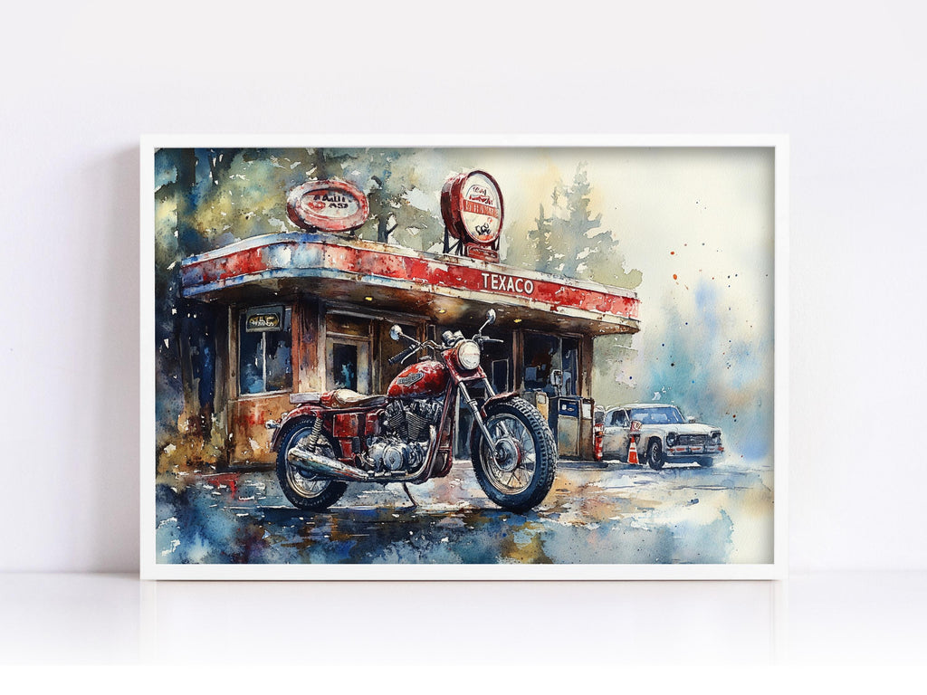 A vintage motorcycle is parked in front of a red and white gas station, with a car parked in the background.