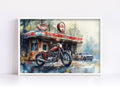 A vintage motorcycle is parked in front of a red and white gas station, with a car parked in the background.