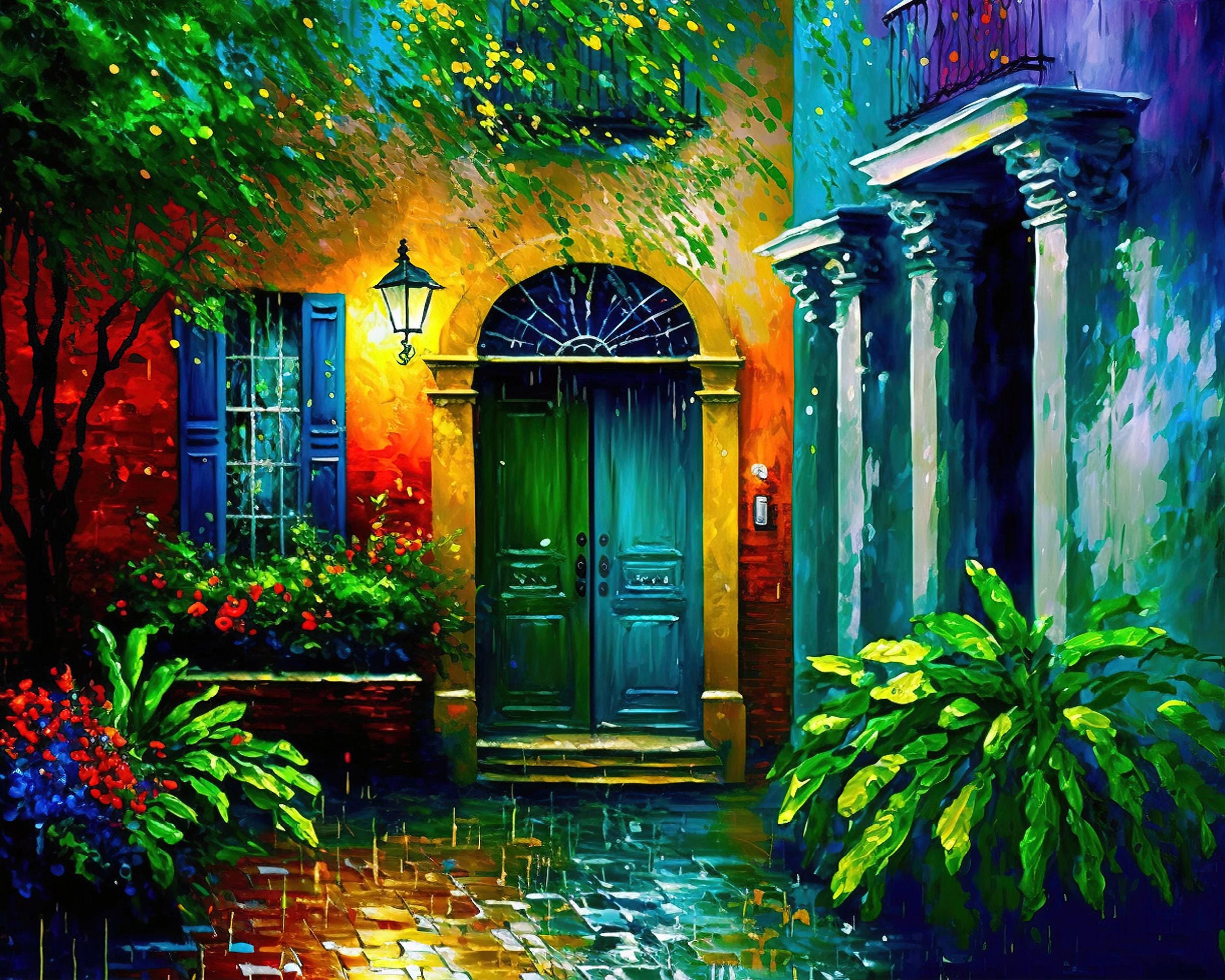 The image is a vibrant and colorful painting depicting a charming, old-world building with a green door and arched windows, surrounded by lush greenery and flowers.