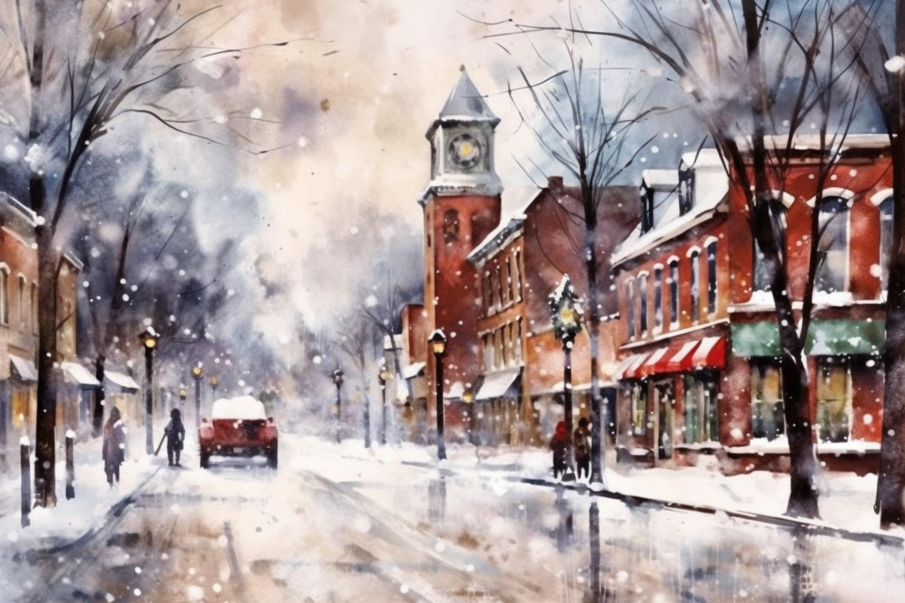Charming Holiday Town Watercolor - Rustic Christmas Decor, Print on Canvas, Artist Paper, Watercolor Paper, Available in Extra Large Sizes