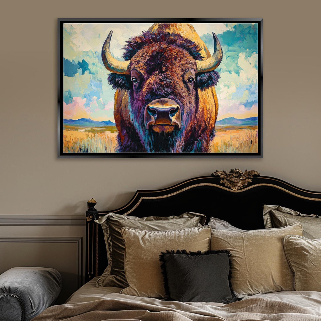 a large painting of a bison with horns hanging on a wall above a bed with pillows and a black headboard.