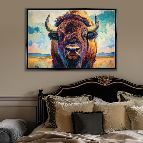 a large painting of a bison with horns hanging on a wall above a bed with pillows and a black headboard.