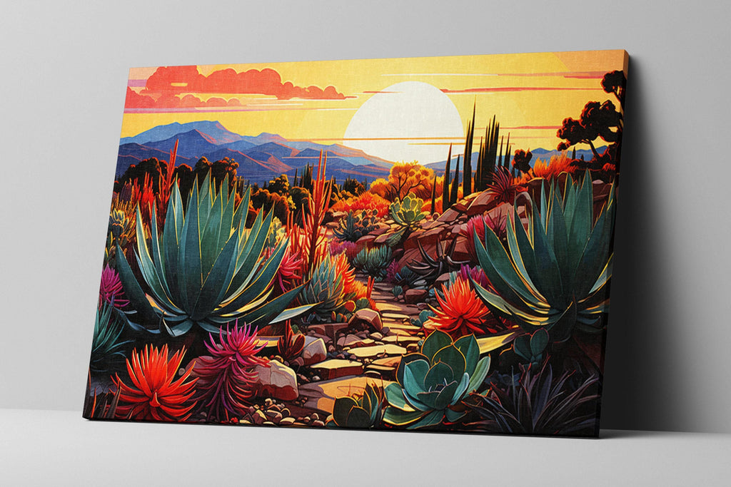 a vibrant desert landscape with a variety of colorful plants and flowers, including cacti, succulents, and other desert flora, set against a backdrop of mountains and a bright, colorful sky.