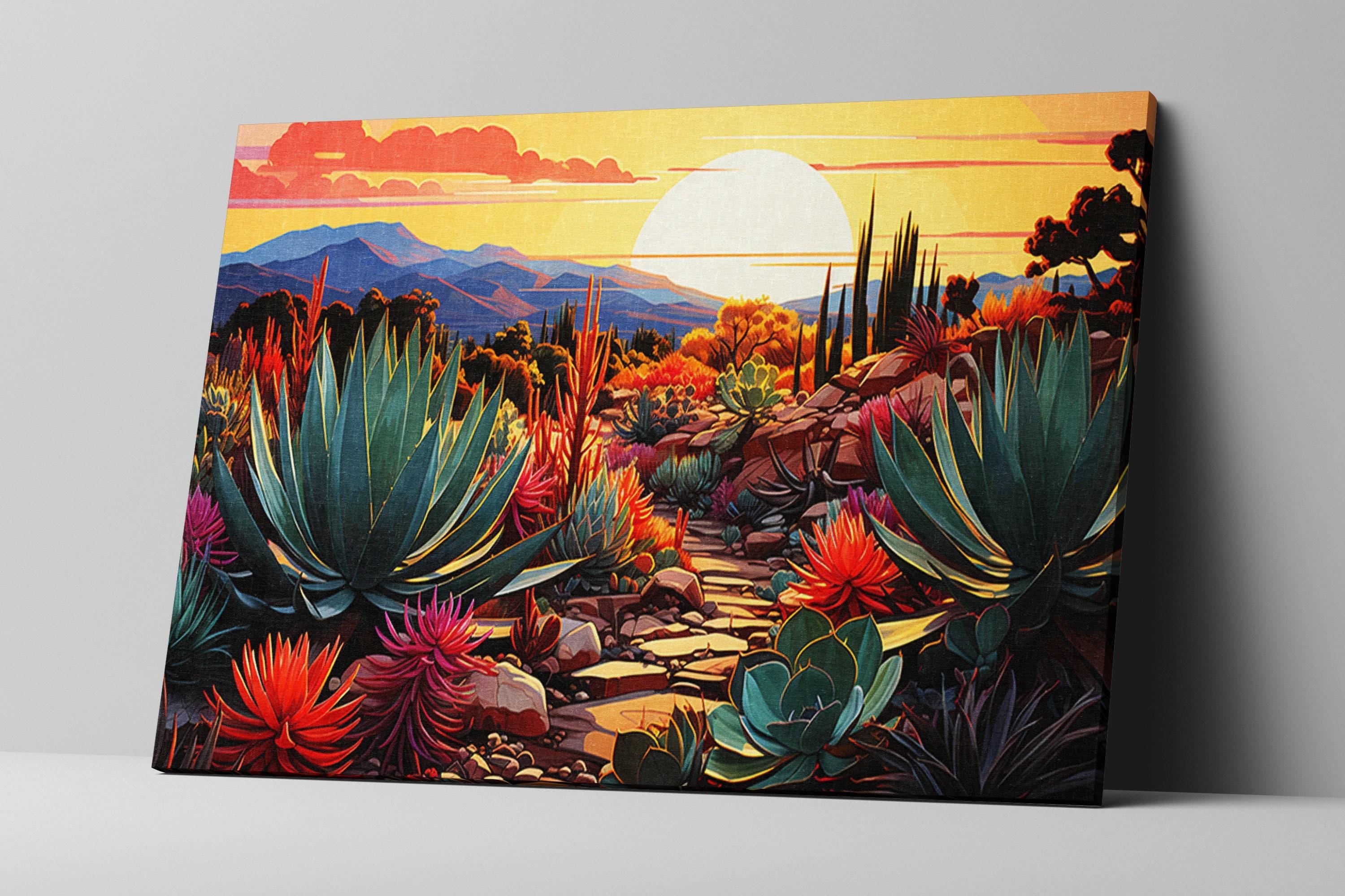 a vibrant desert landscape with a variety of colorful plants and flowers, including cacti, succulents, and other desert flora, set against a backdrop of mountains and a bright, colorful sky.