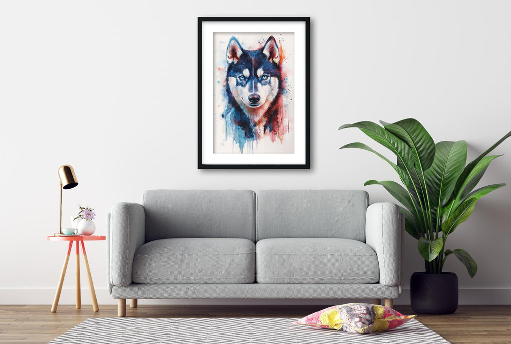 a gray sofa, a framed painting of a husky dog, a small table with a lamp, and a potted plant, all arranged in a living room setting.