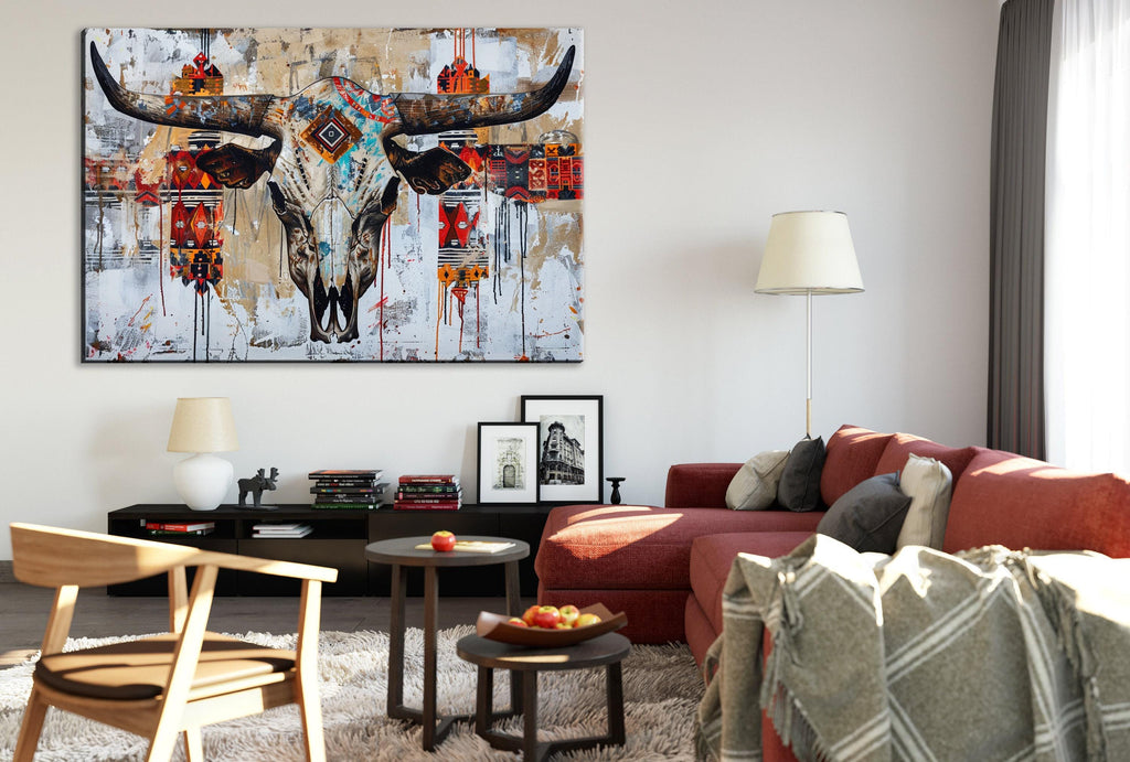Native Cow Skull Art – Large Canvas Wall Art | Abstract Tribal Pattern Print