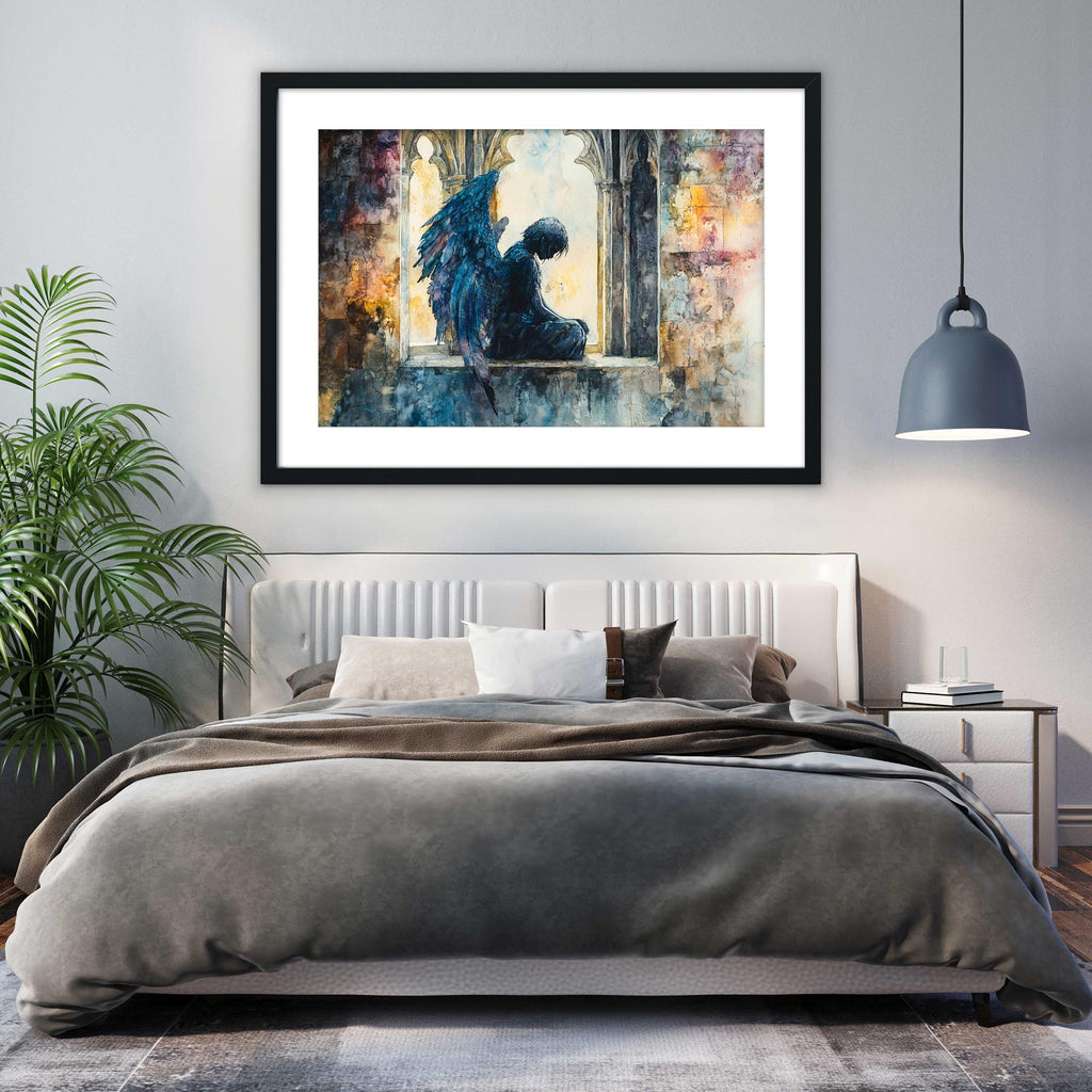 a bedroom with a large bed, a framed painting of a winged figure, and a potted plant.
