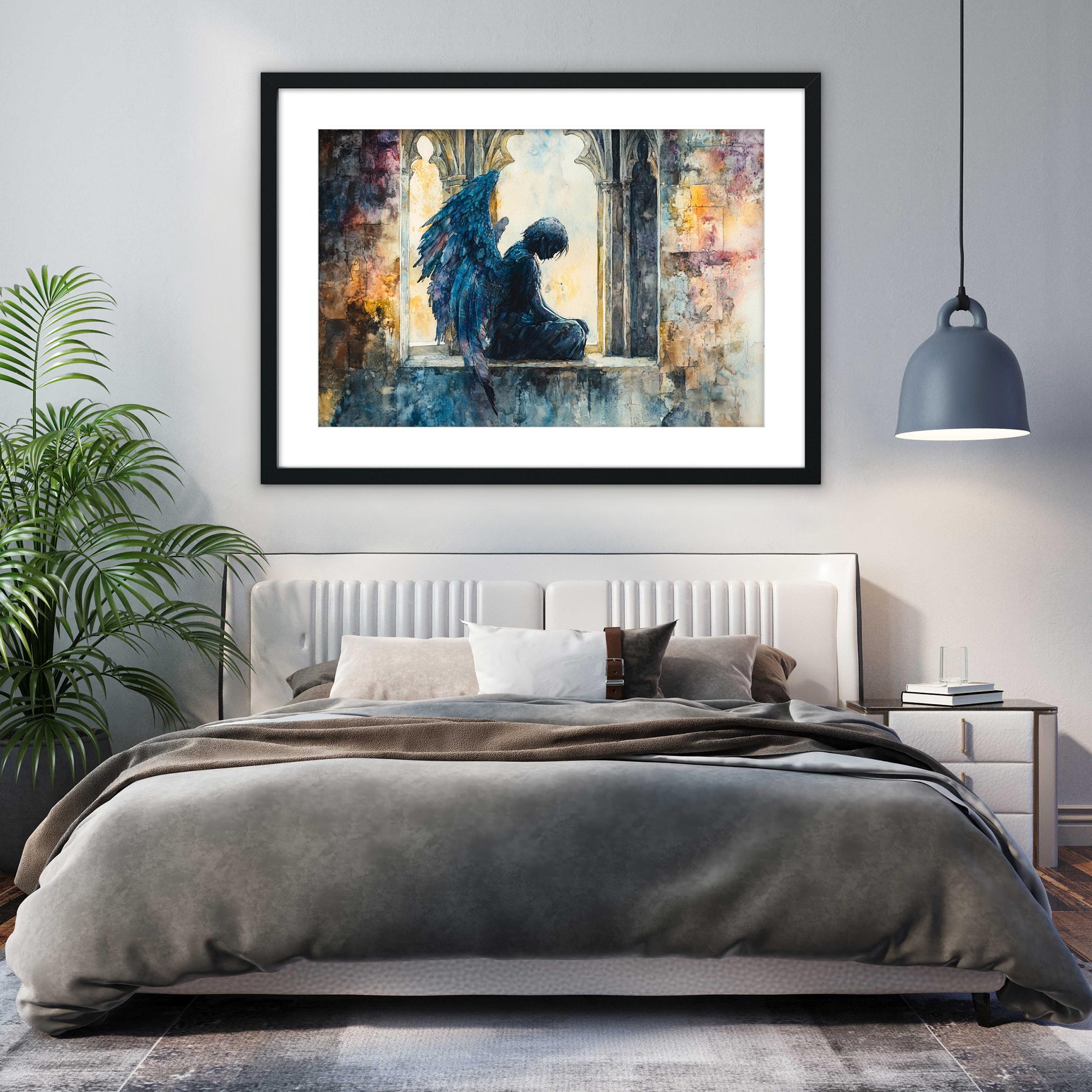 a bedroom with a large bed, a framed painting of a winged figure, and a potted plant.