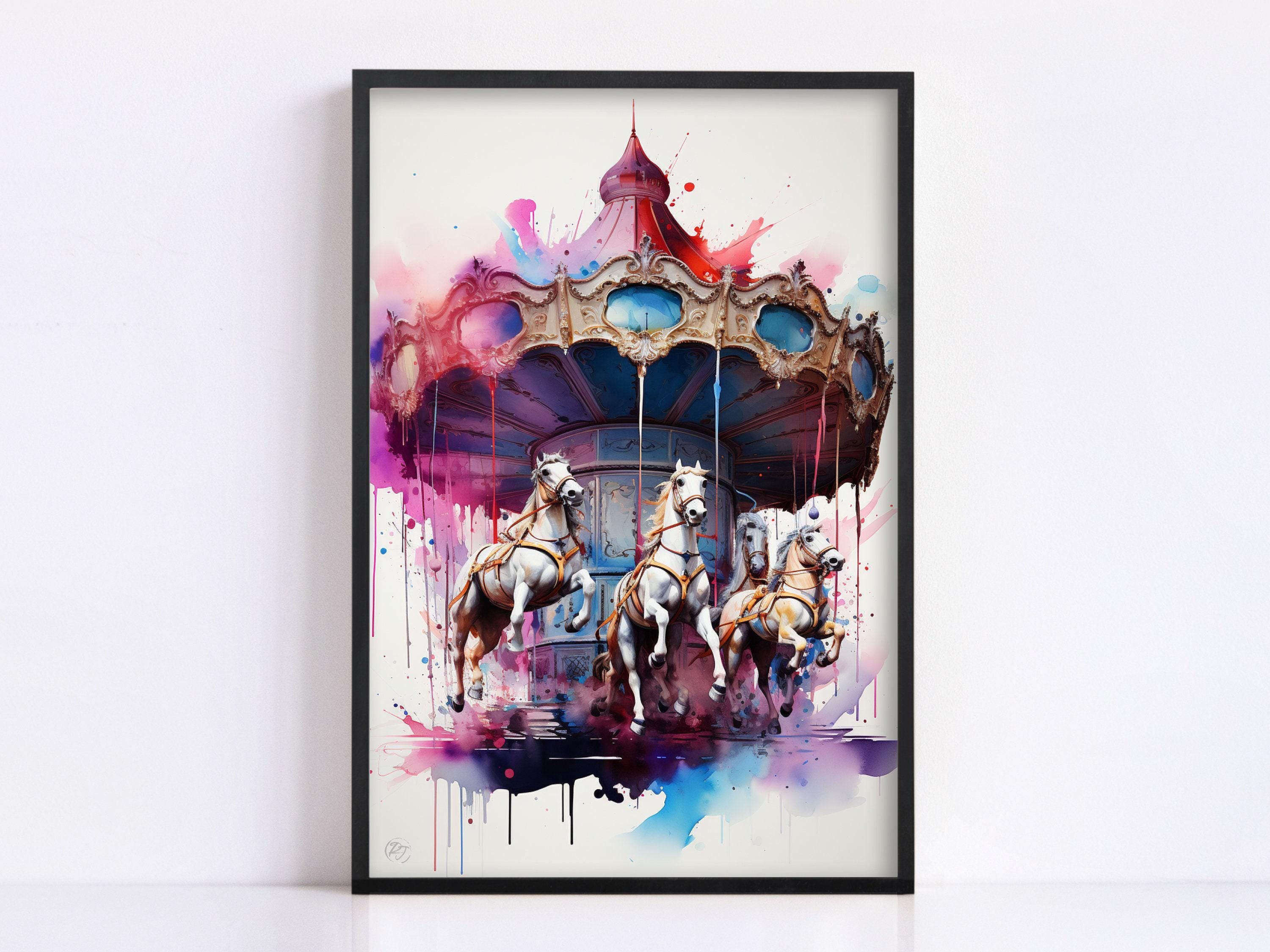 Whimsical Carousel: Watercolor Carnival Wall Art, Giclee Print on Canvas, Artist Paper, Watercolor Paper, Available in Extra Large Sizes