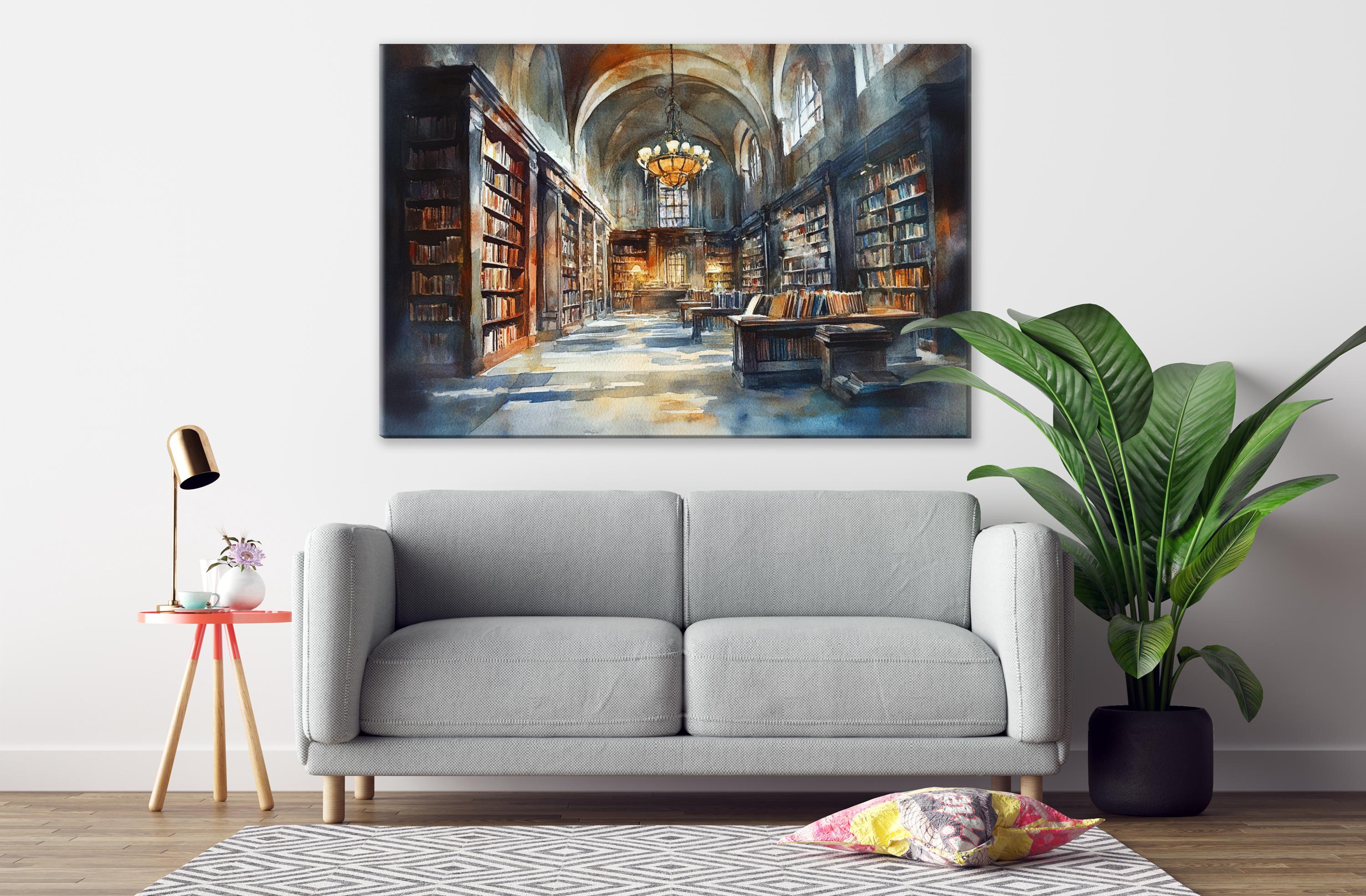 a cozy living room with a gray sofa, a wooden side table, and a large potted plant. Above the sofa, there is a large painting of a library with bookshelves lining the walls, creating a serene and inviting atmosphere.