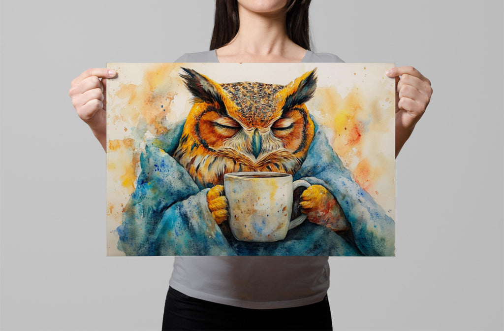 A woman holds up a framed painting depicting an owl drinking from a mug.
