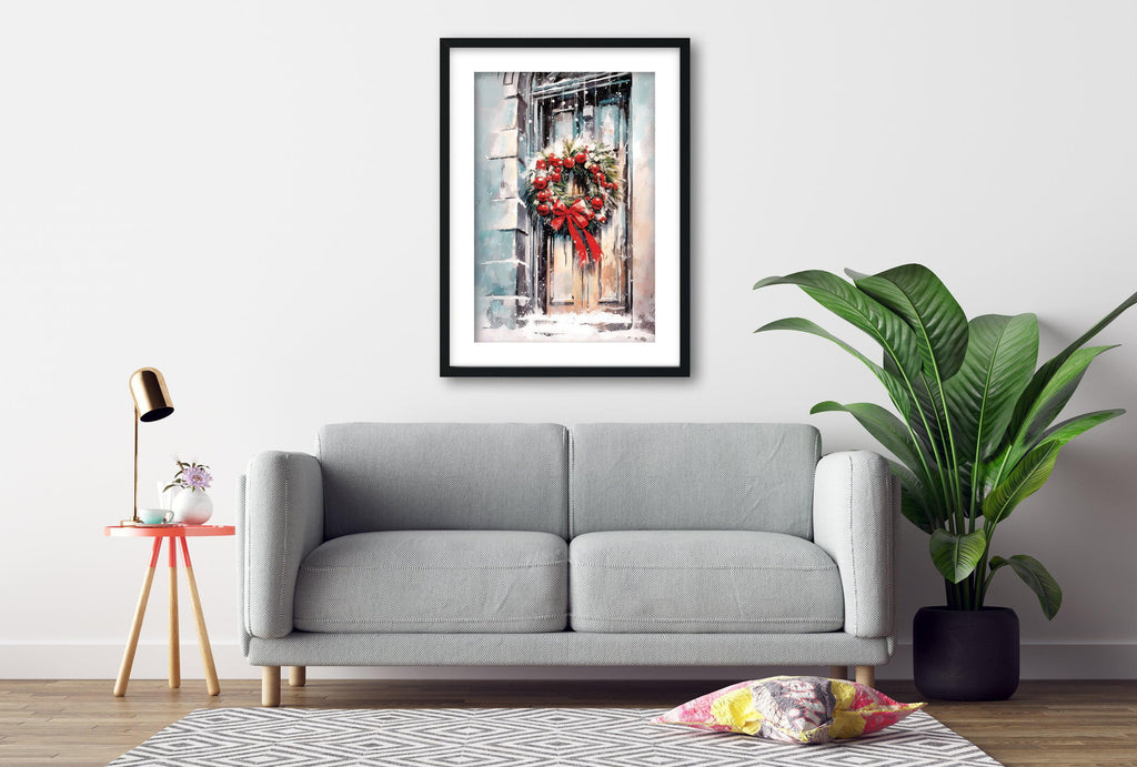 Festive Christmas Wreath Watercolor - Holiday Wall Art, Print on Canvas, Artist Paper, Watercolor Paper, Available in Extra Large Sizes