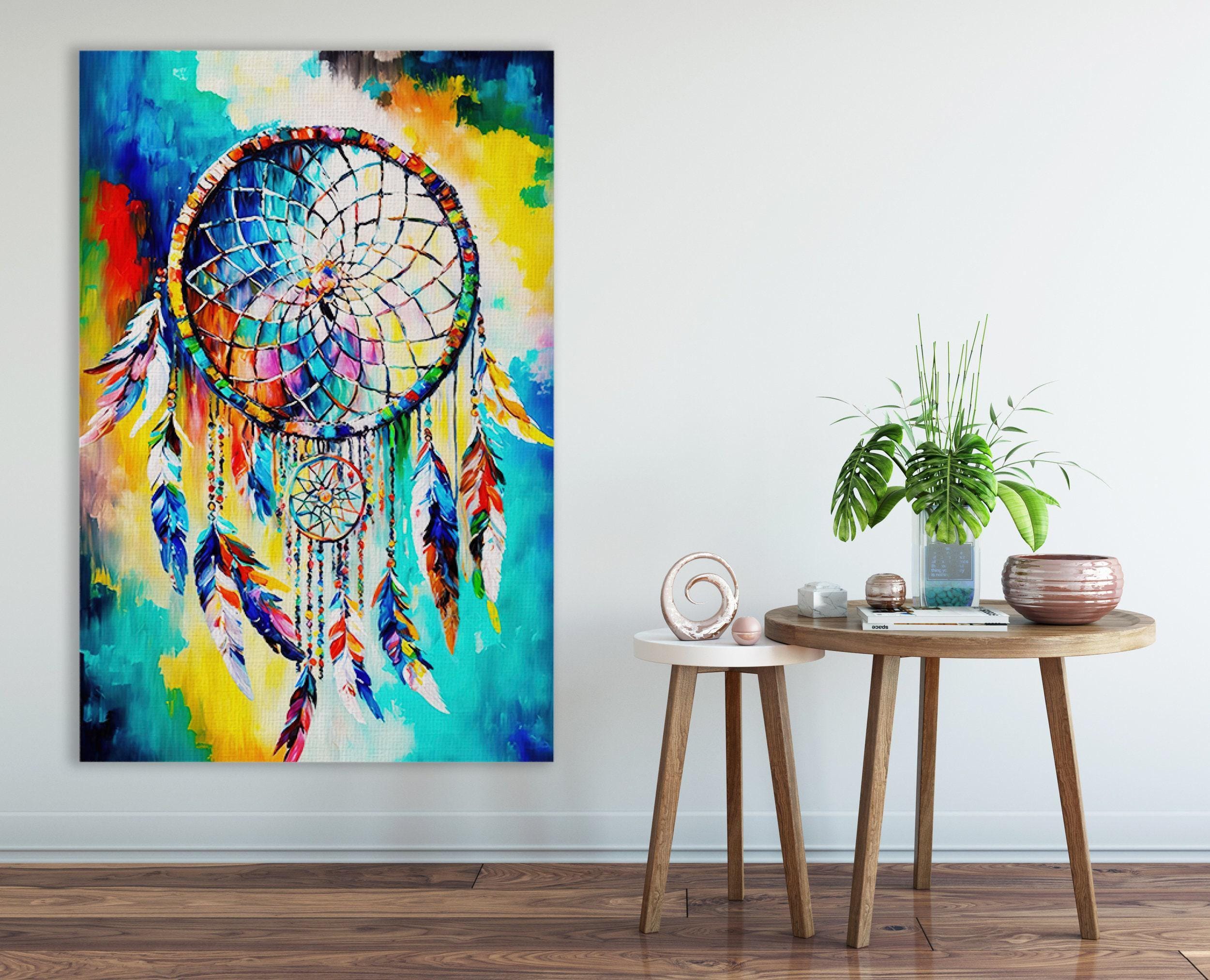 Dreamcatcher Art Print - Native American Canvas Wall Decor With Peacock Feather Art