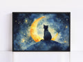 A black cat is sitting on a rock, gazing up at a crescent moon and a starry night sky.