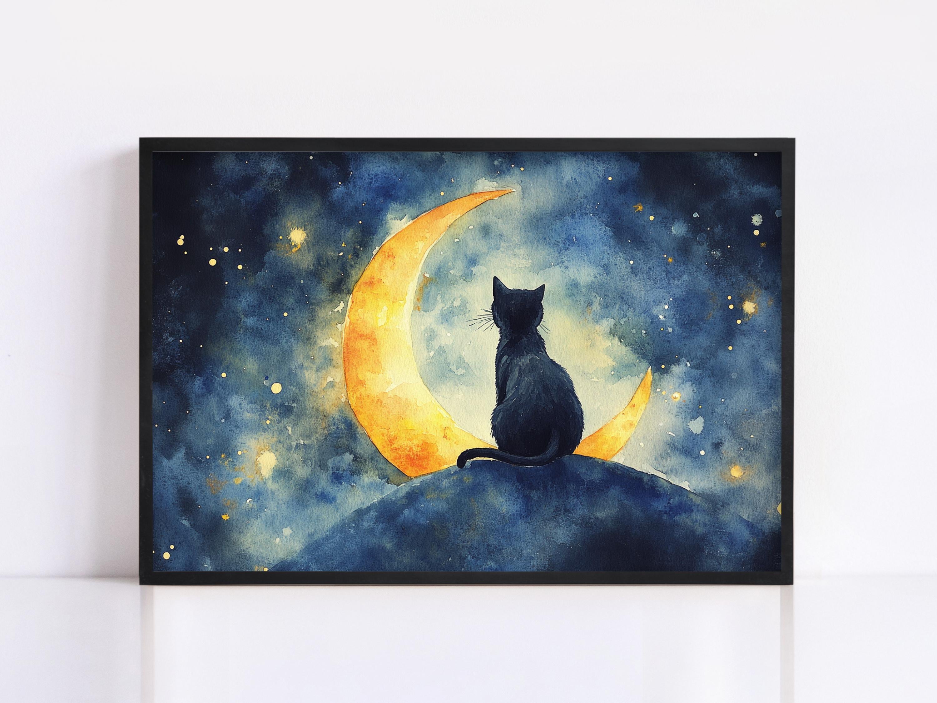 A black cat is sitting on a rock, gazing up at a crescent moon and a starry night sky.