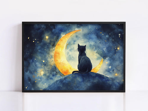 A black cat is sitting on a rock, gazing up at a crescent moon and a starry night sky.