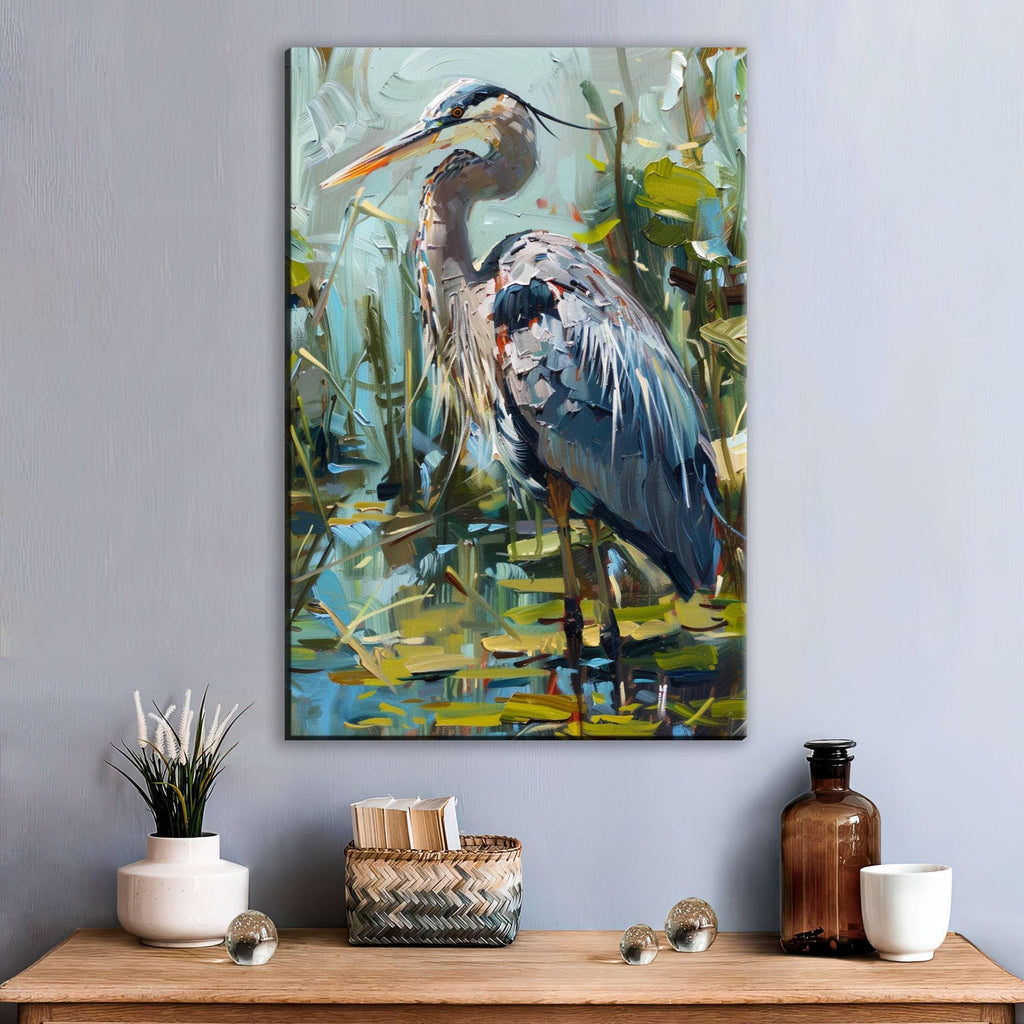 a large painting of a blue heron standing in a pond, surrounded by lush greenery and vibrant colors.