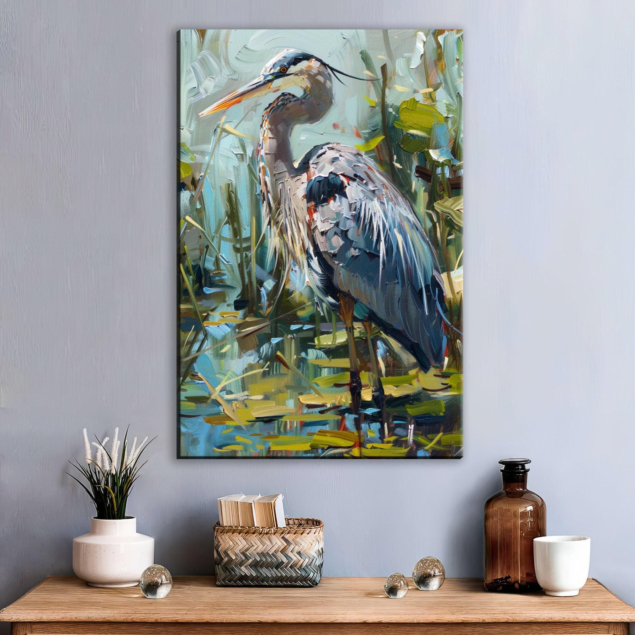 a large painting of a blue heron standing in a pond, surrounded by lush greenery and vibrant colors.