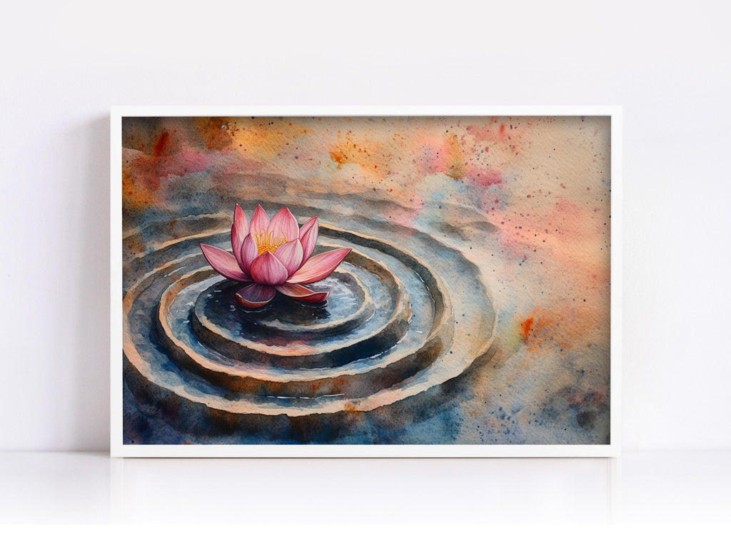 A watercolor painting depicting a pink lotus flower floating on a rippled surface, surrounded by concentric circles of water.