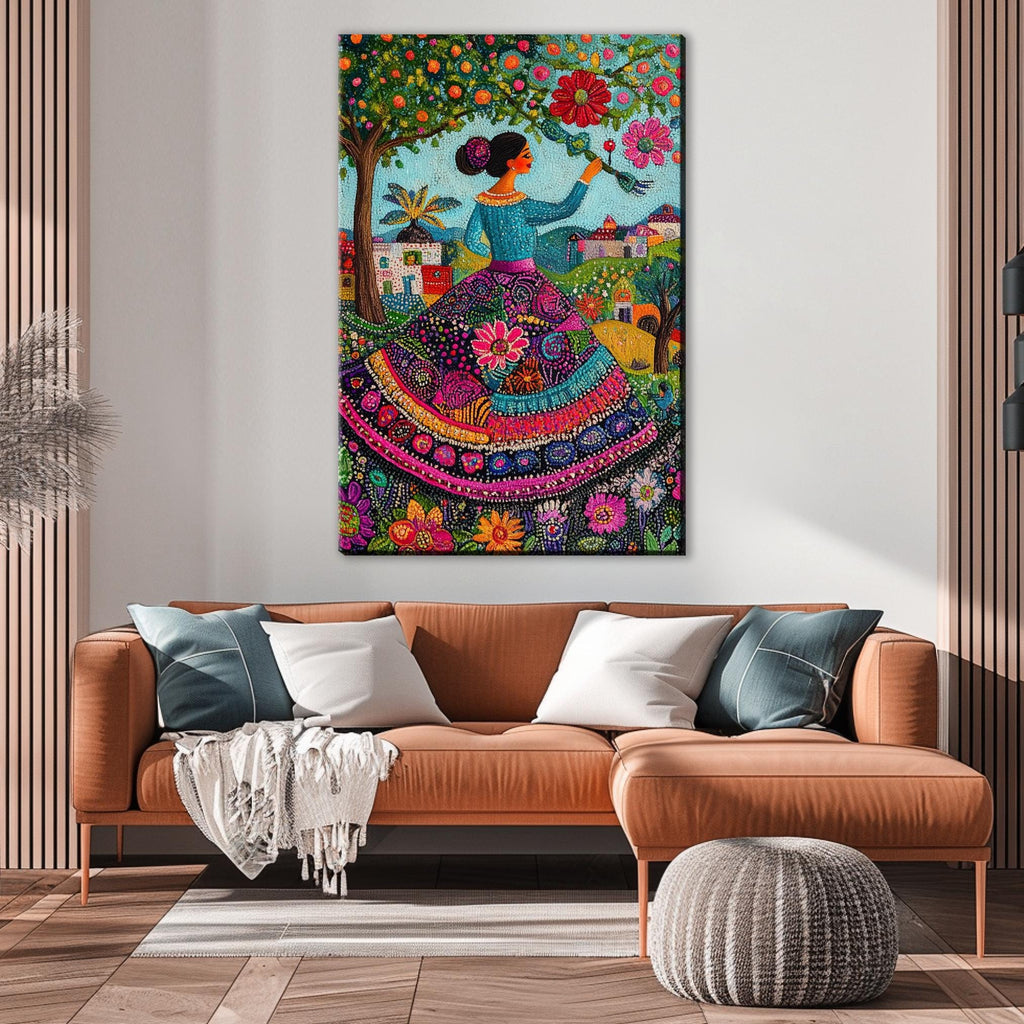 a living room with a couch and a painting on the wall