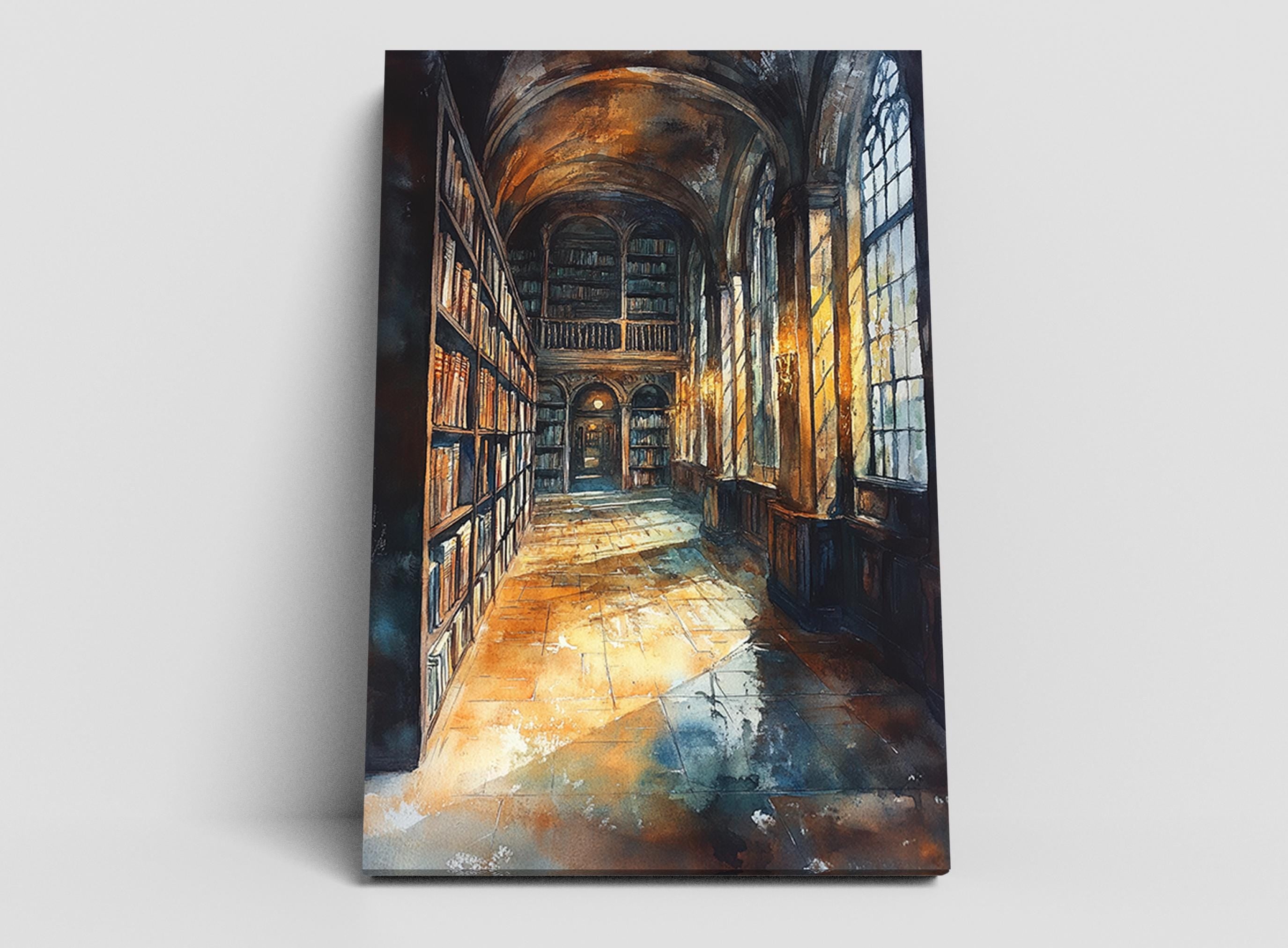 a grand library with a long, arched hallway lined with bookshelves on both sides. The sunlight streaming through the windows illuminates the space, creating a warm and inviting atmosphere.