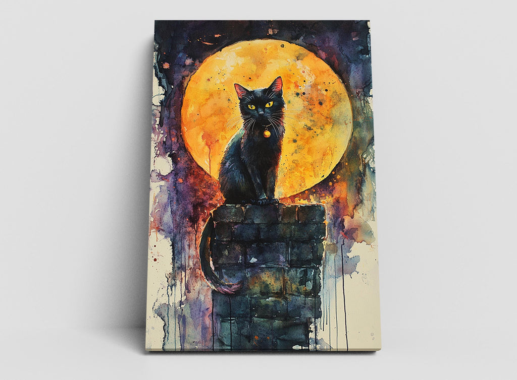 A black cat sitting on a brick chimney against a large, glowing orange moon.