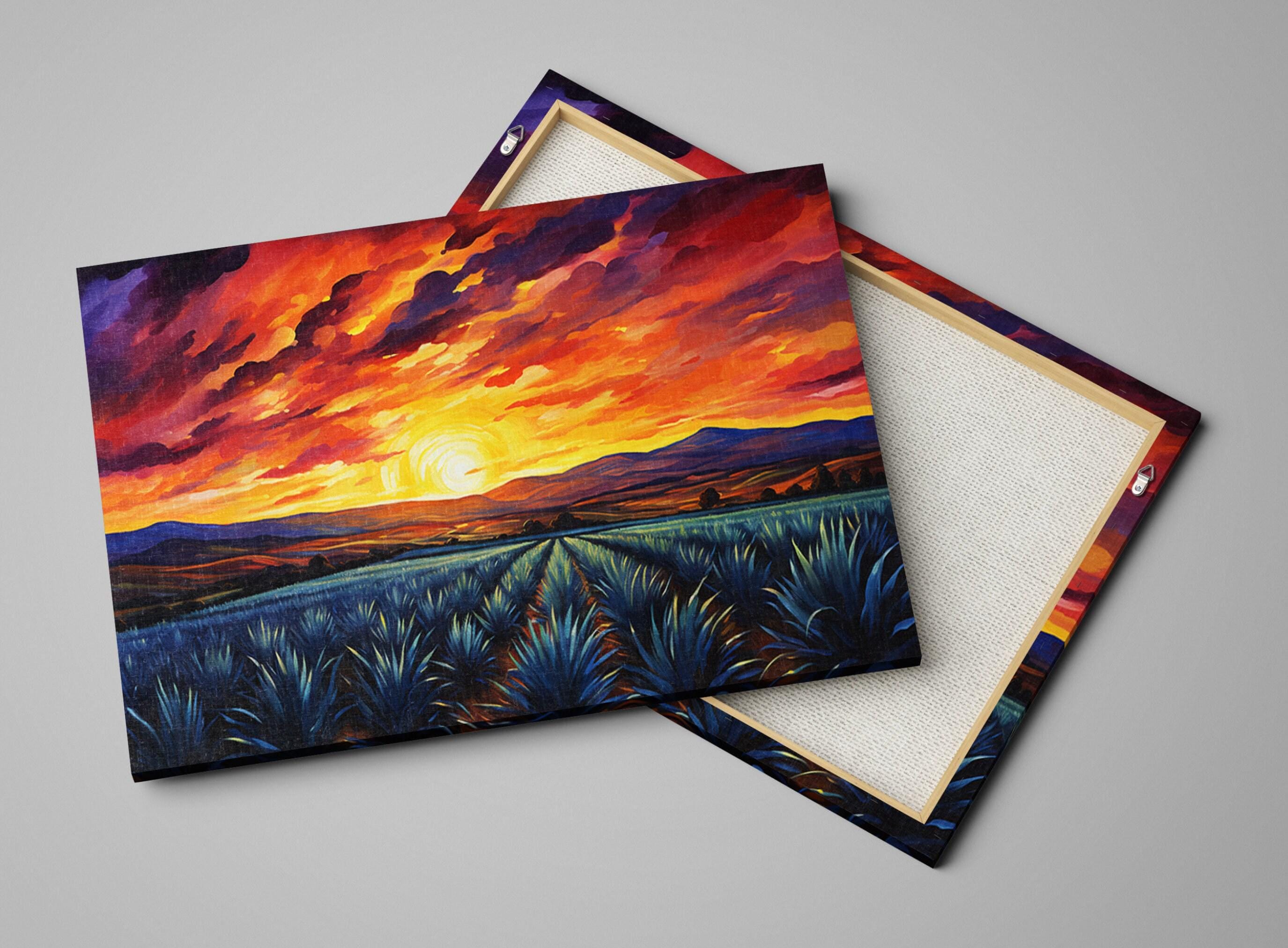 a vibrant sunset over a field of blue flowers, with the sun setting behind the mountains in the distance.