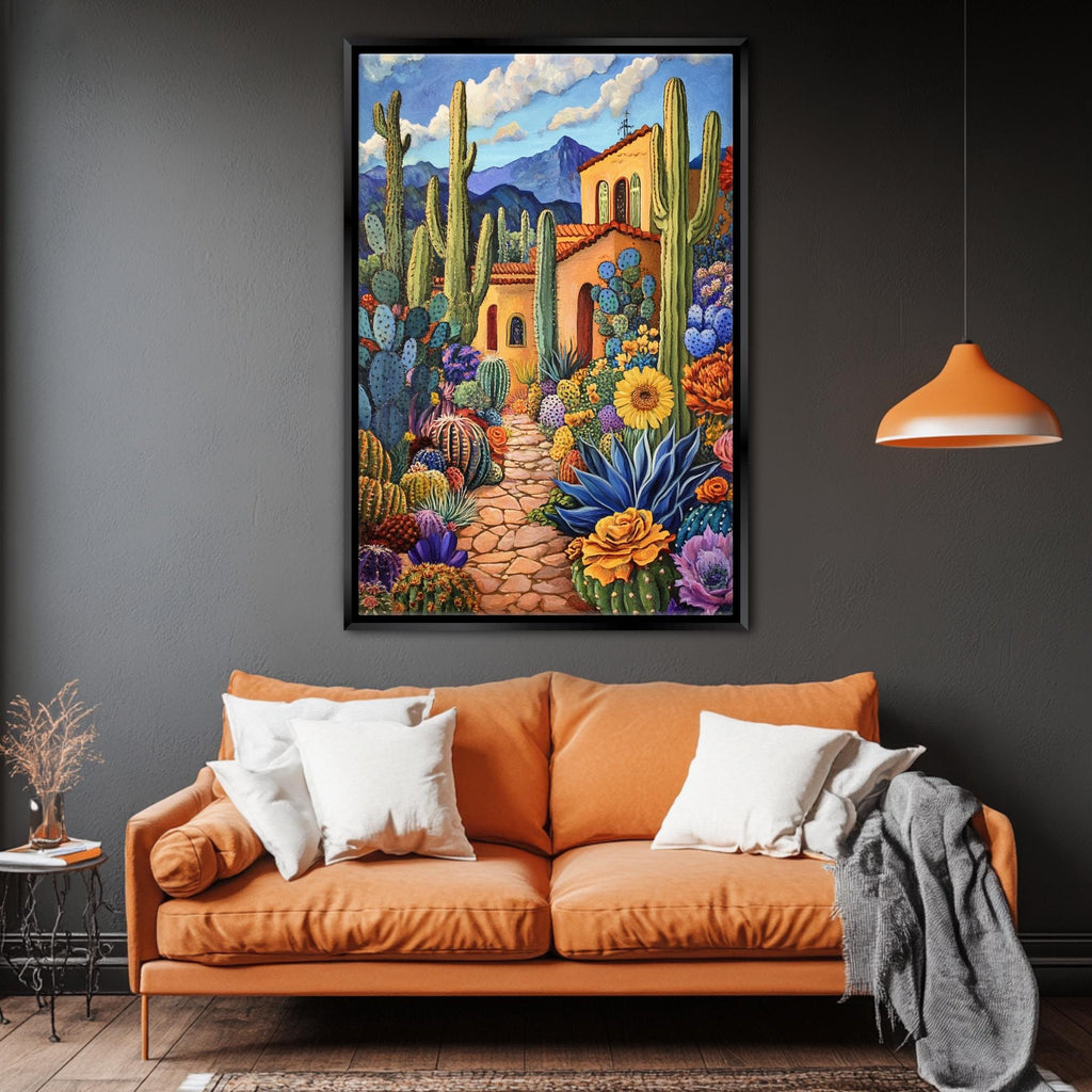 a living room with a couch and a painting on the wall