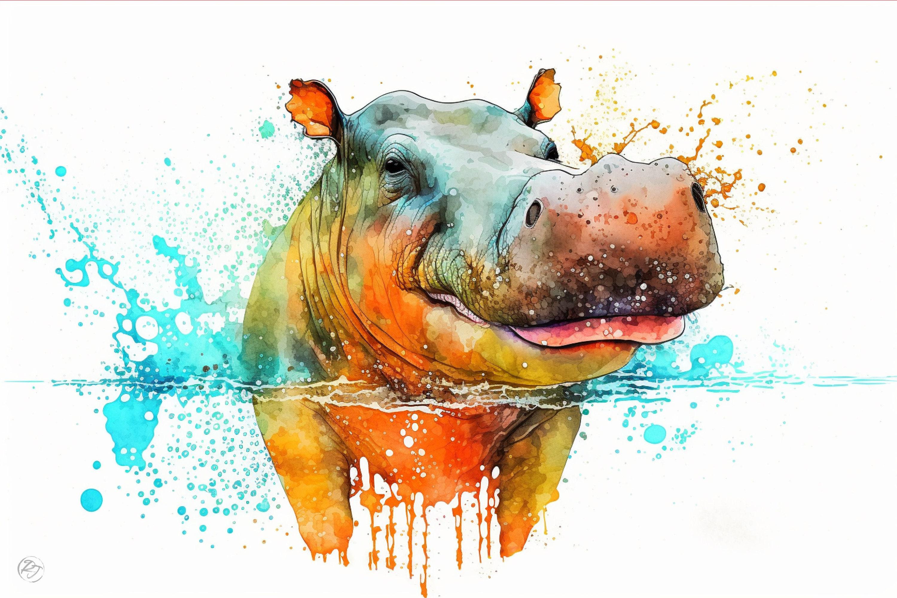 Hippopotamus Portrait: Watercolor Hippo Wall Decor, Giclee Print on Canvas, Artist Paper, Watercolor Paper, Available in Extra Large Sizes