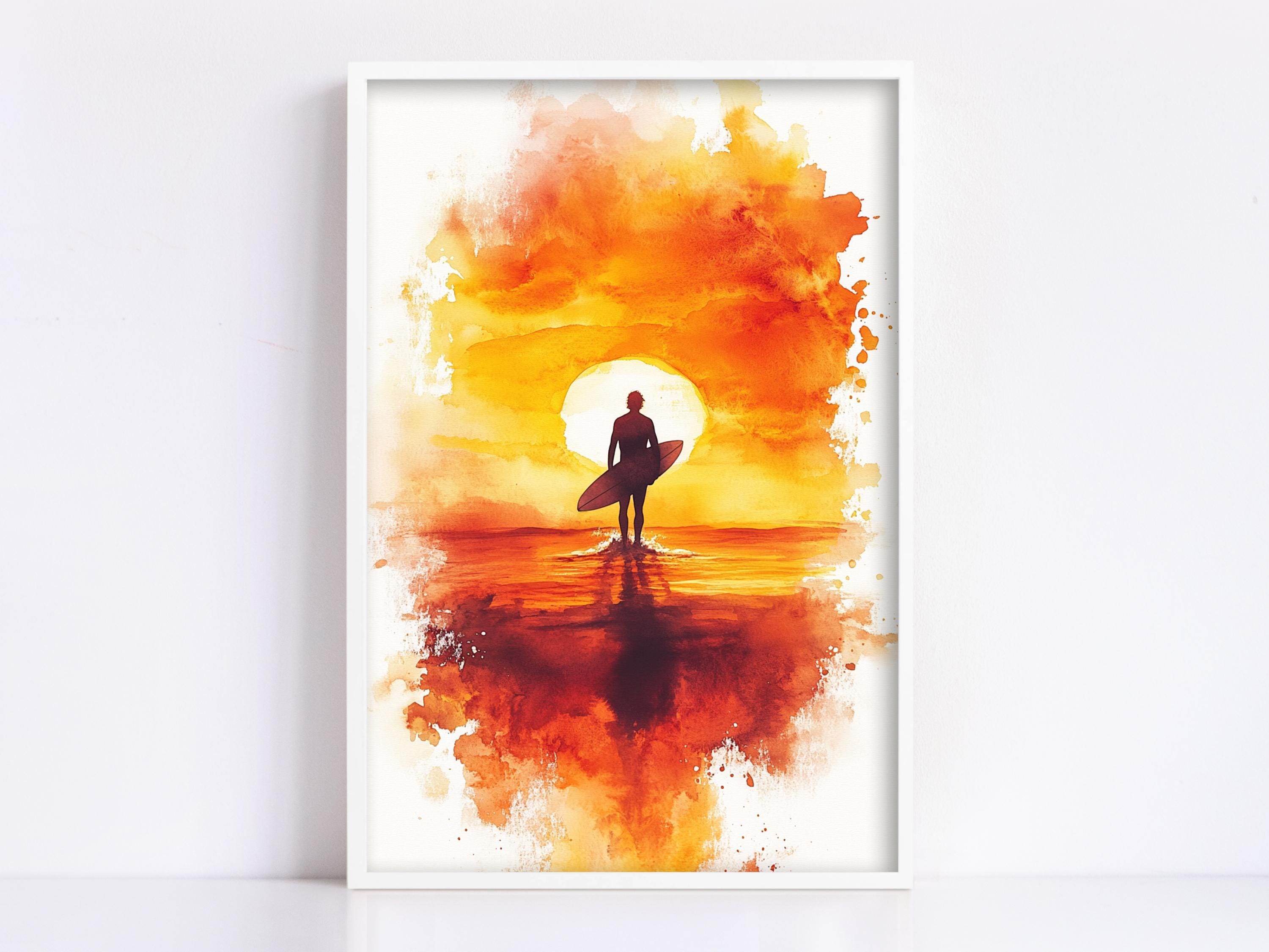 A watercolor painting depicting a surfer standing on the beach, silhouetted against a vibrant sunset sky.