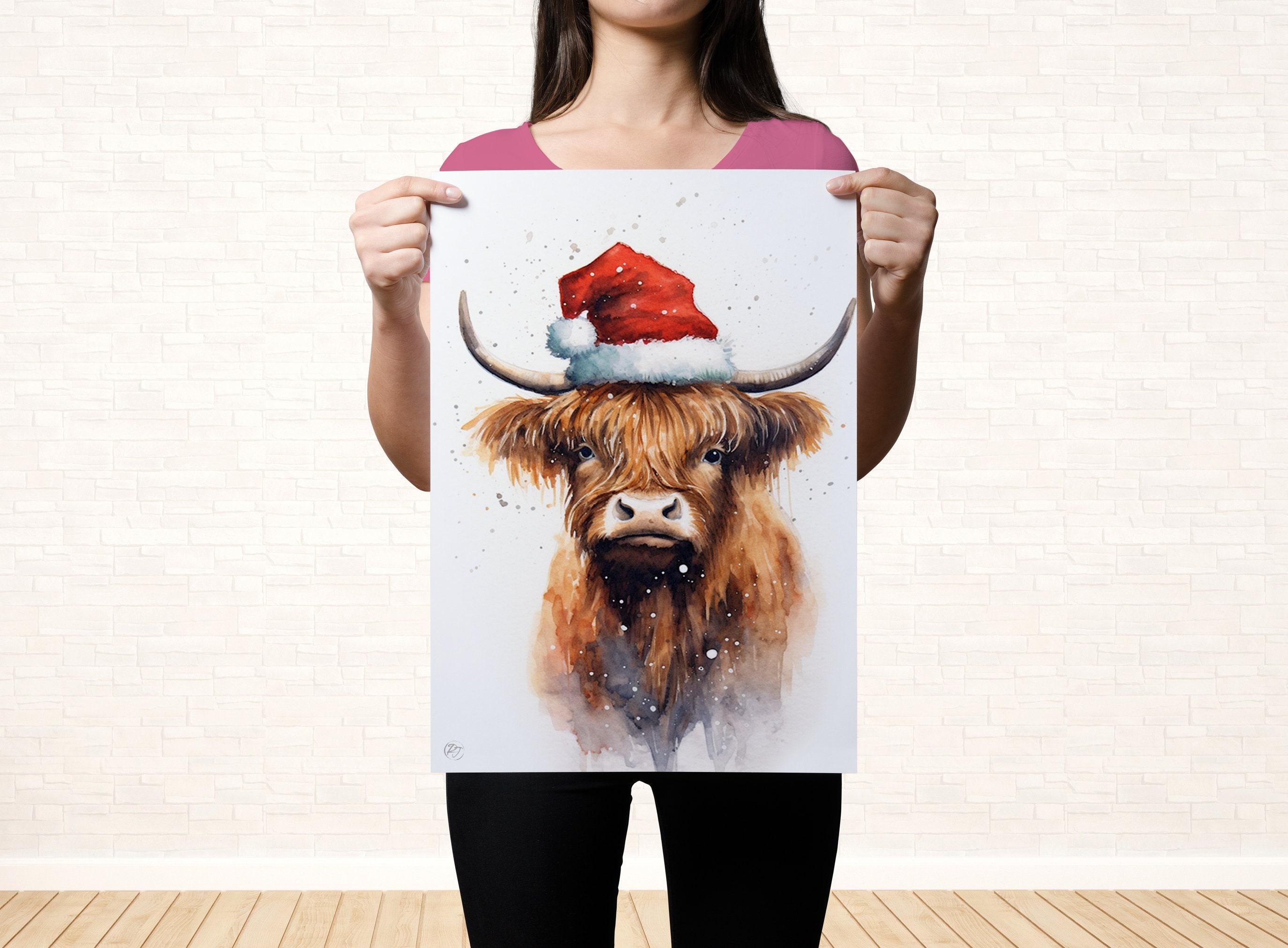 Festive Highland Cow in Santa Hat Watercolor Art, Giclee Print on Canvas, Artist Paper, Watercolor Paper, Available in Extra Large Sizes