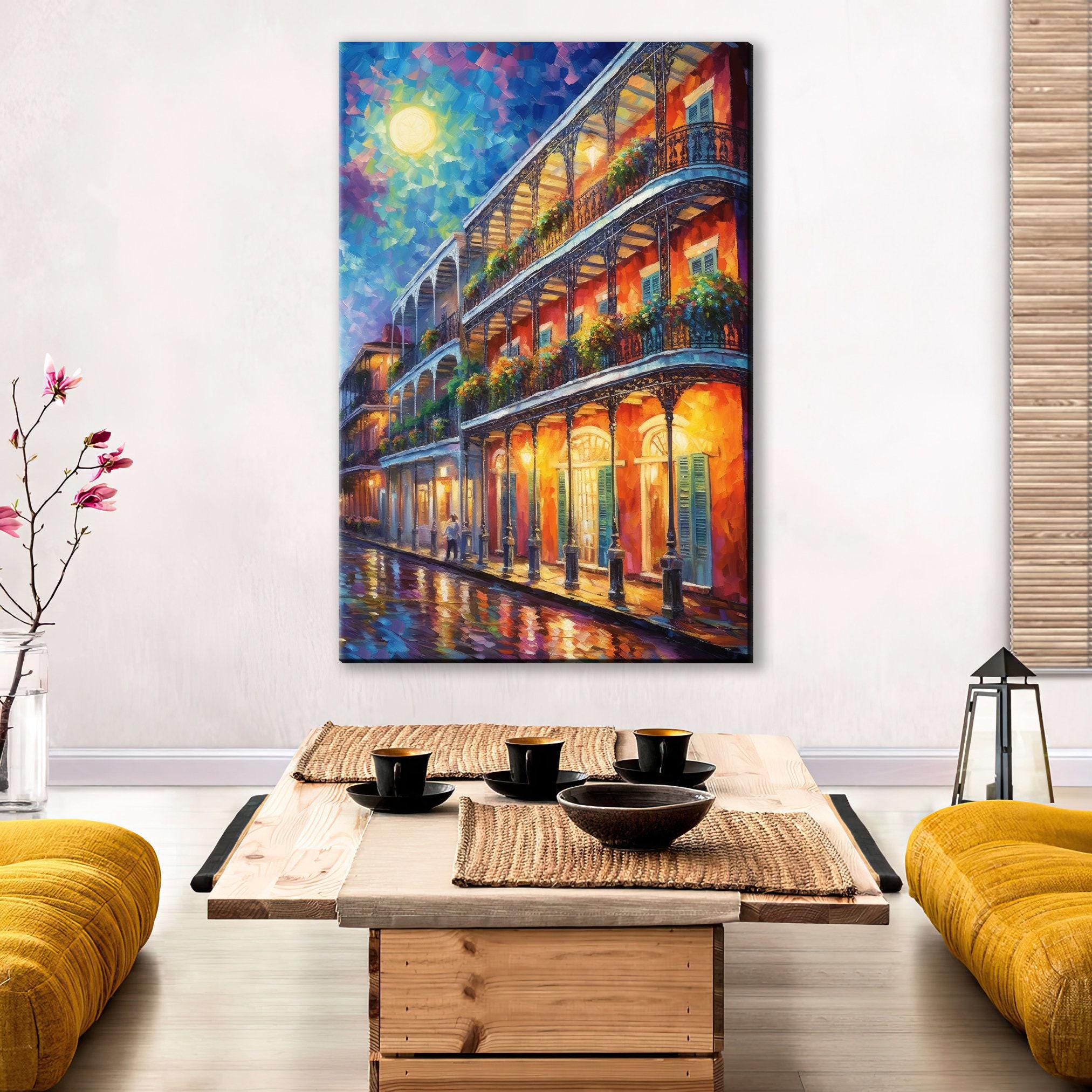 Bourbon Street Canvas Art – Colorful New Orleans Wall Art With Real Wood Frame