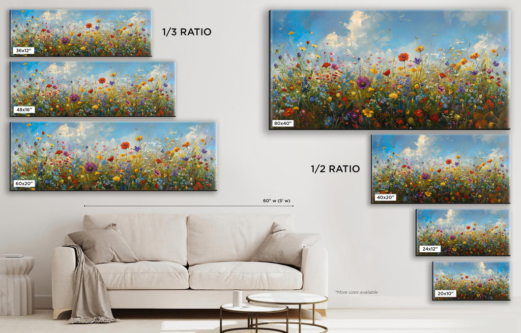 a living room with a white couch and paintings on the wall