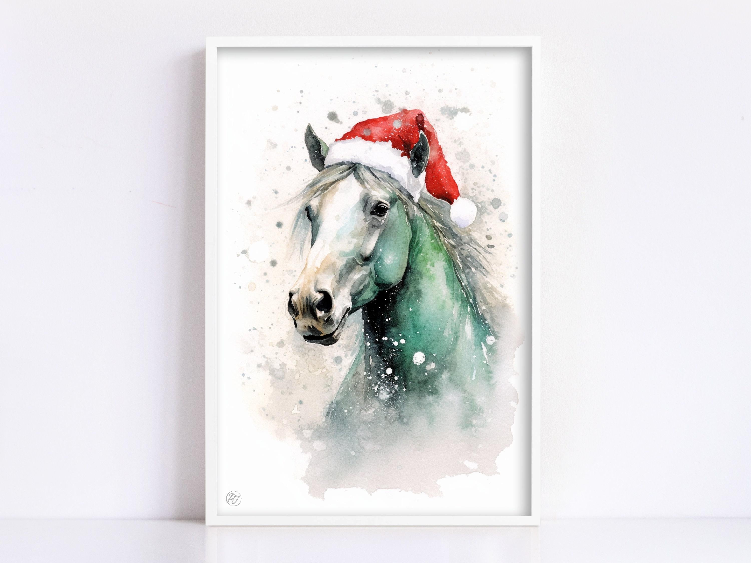 Festive Horse in Santa Hat Watercolor Art Print, Giclee Print on Canvas, Artist Paper, Watercolor Paper, Available in Extra Large Sizes